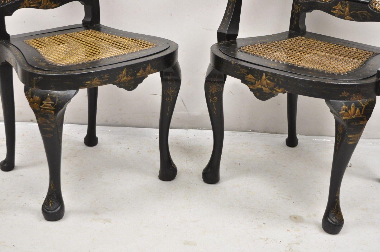 Antique Chinoiserie Queen Anne Hand Painted Floral Cane Dining Chairs - Set of 4 For Sale 3