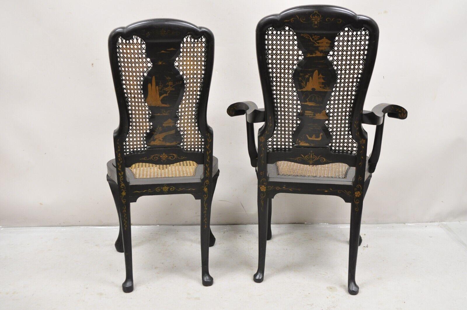 Antique Chinoiserie Queen Anne Hand Painted Floral Cane Dining Chairs - Set of 4 For Sale 5