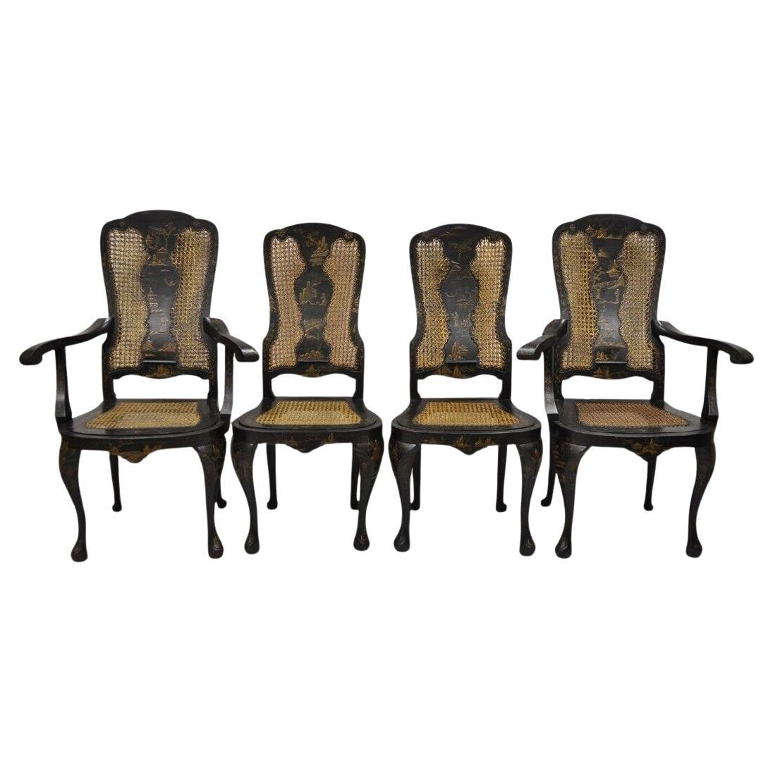 Antique Chinoiserie Queen Anne Hand Painted Floral Cane Dining Chairs - Set of 4 For Sale