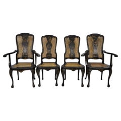 Antique Chinoiserie Queen Anne Hand Painted Floral Cane Dining Chairs - Set of 4