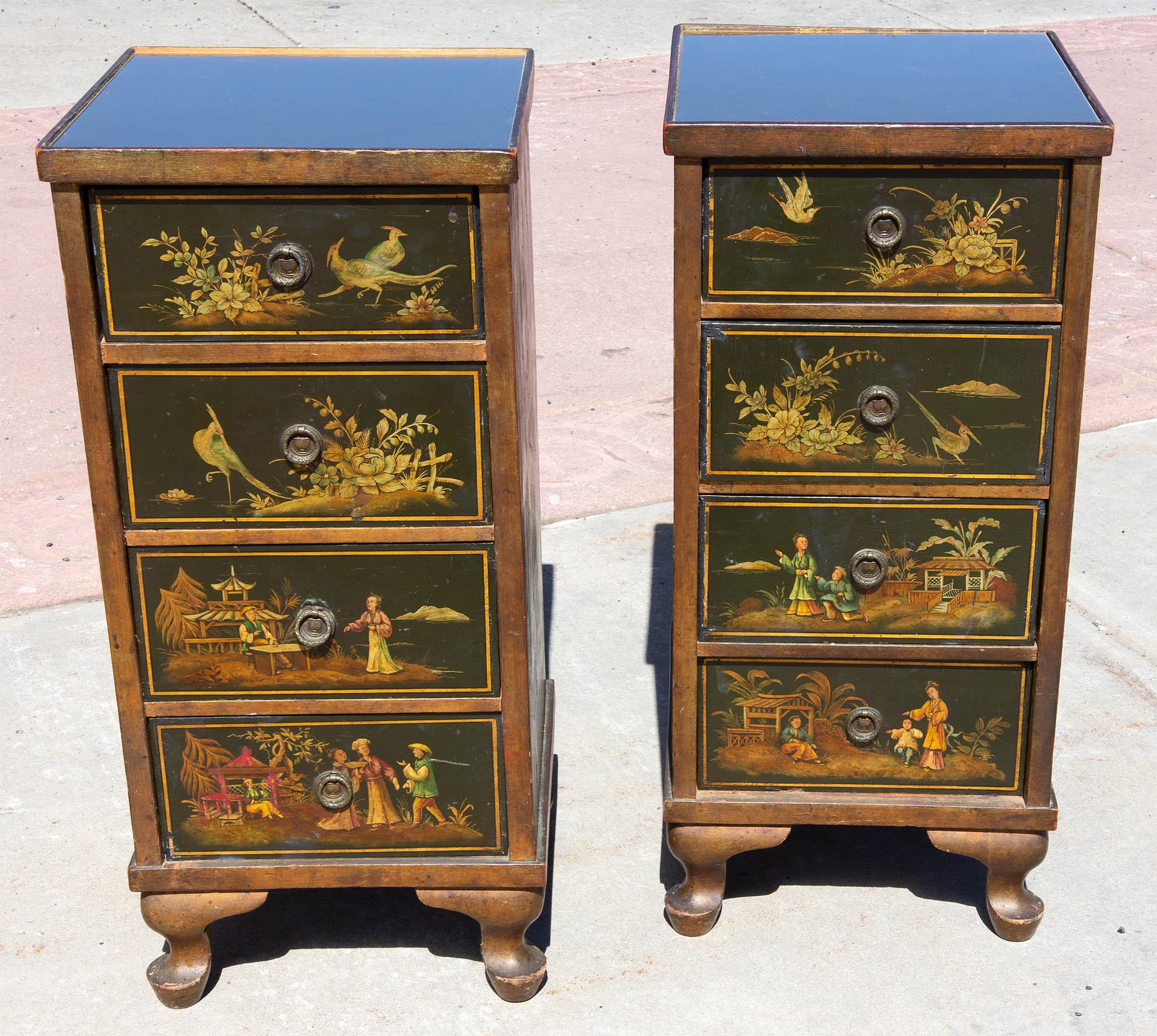 19th century chinoiserie four-drawer side cabinets. Beautiful hand painted chinoiserie on three sides. Reverse painted glass tops in muted antique gold. English. Measures: 29.5