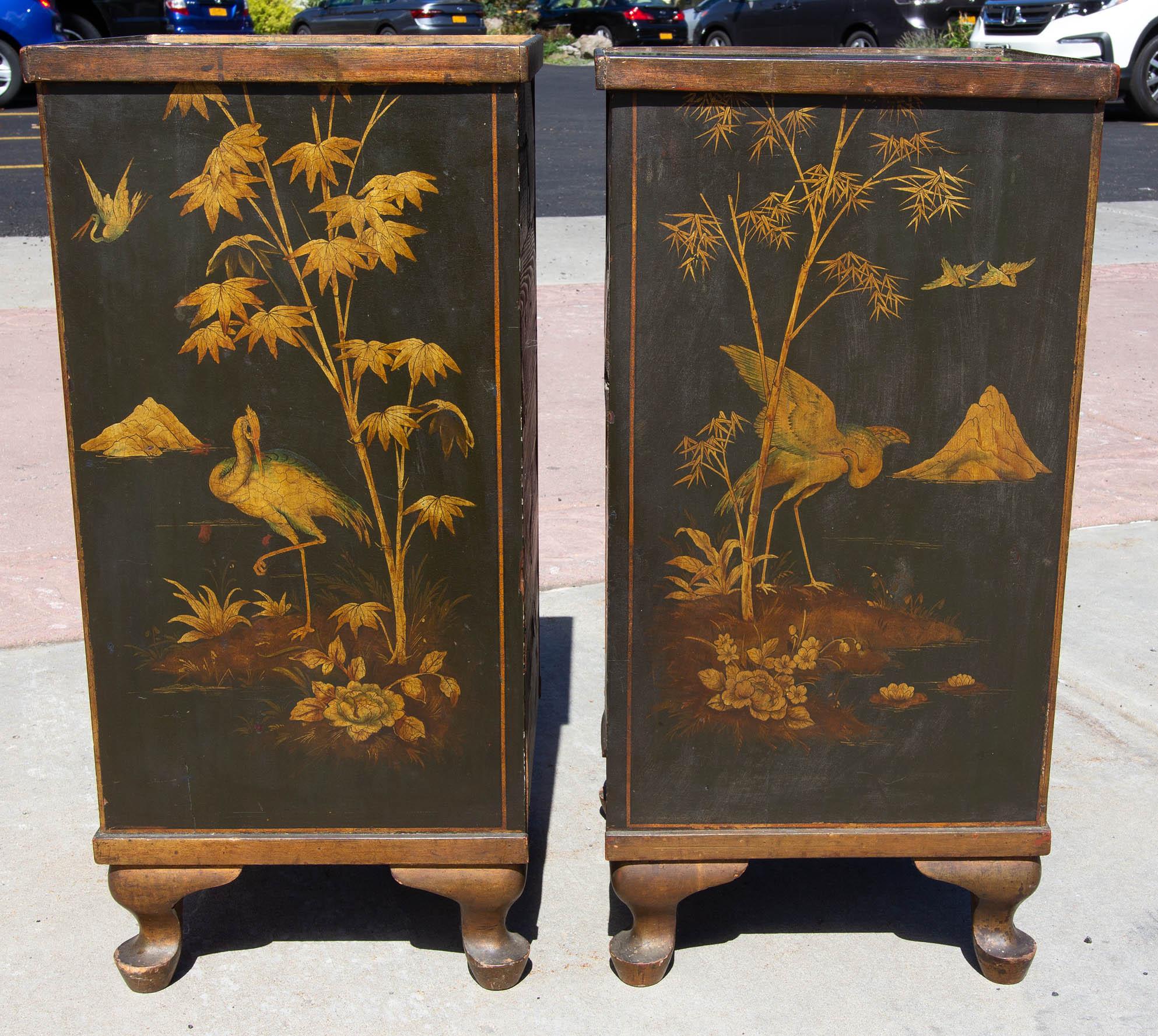 European Antique Chinoiserie Side Cabinet Tables, a Pair