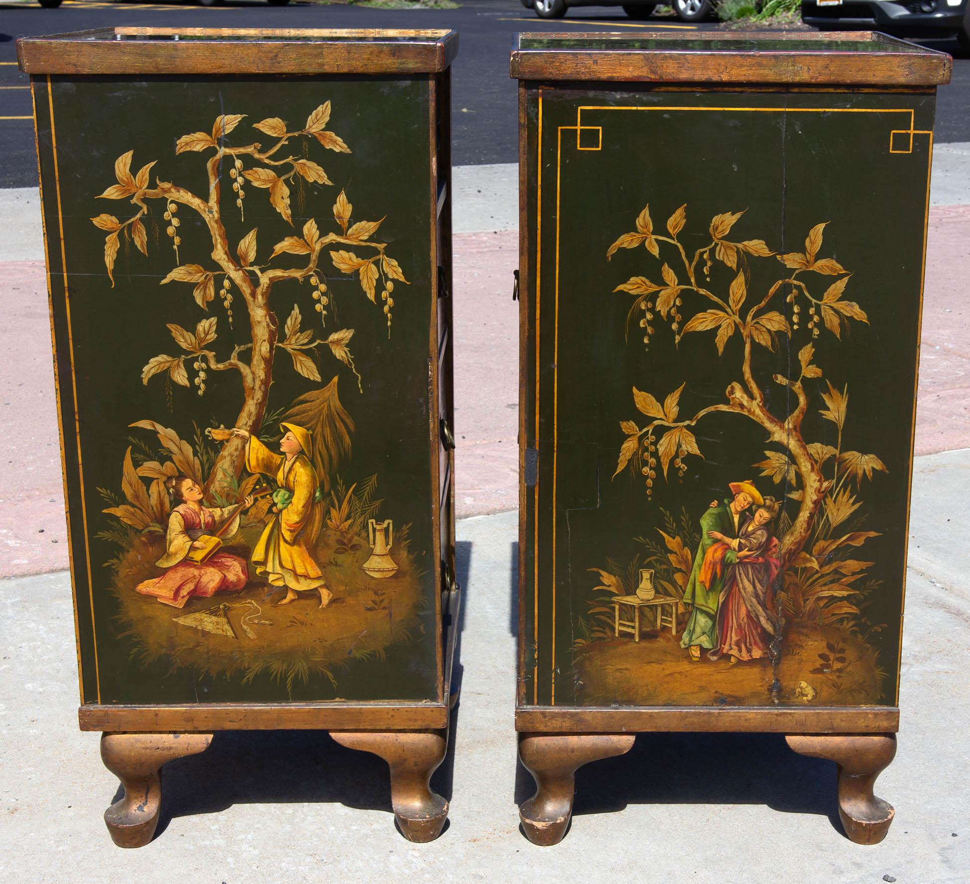 Hand-Painted Antique Chinoiserie Side Cabinet Tables, a Pair