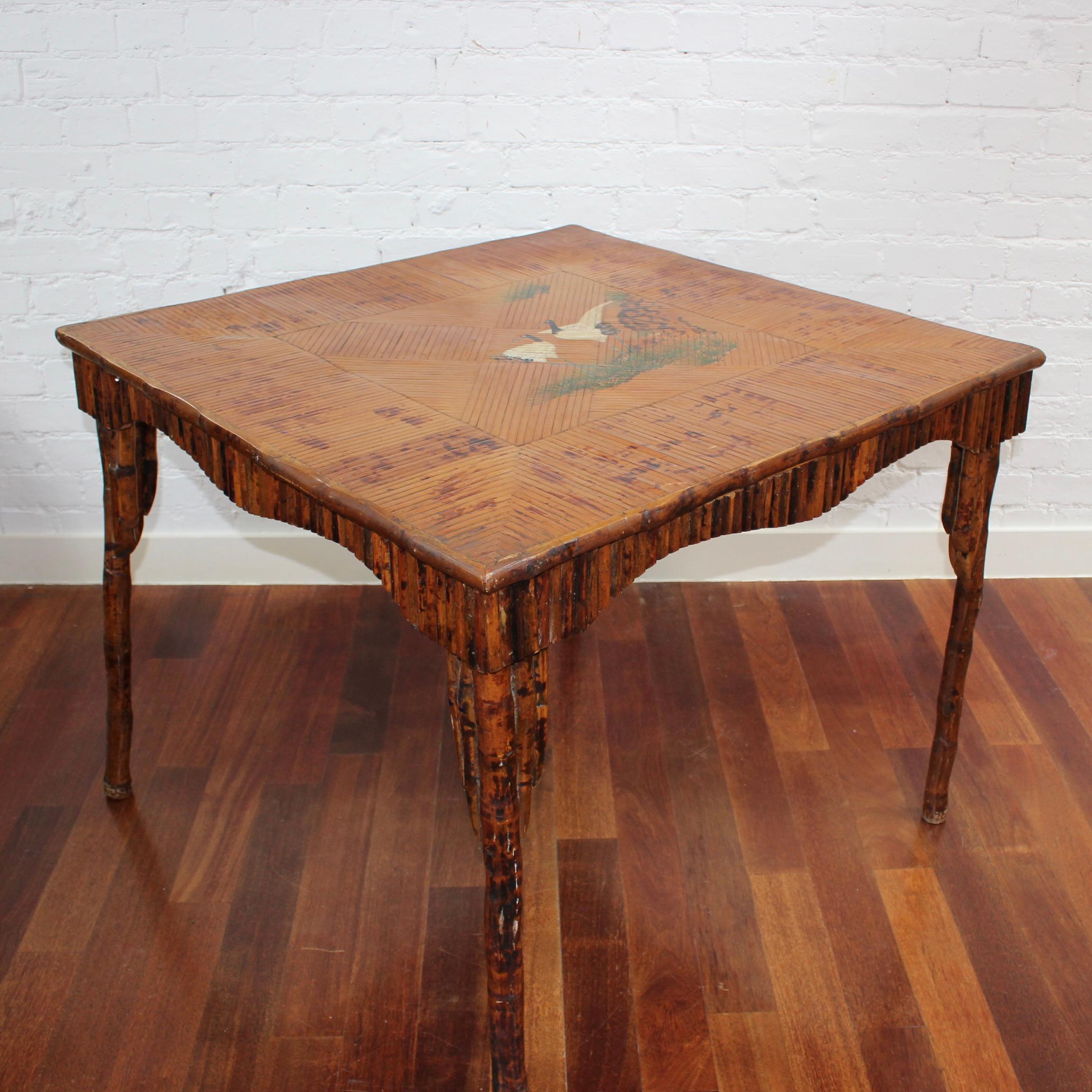 Italian Antique Chinoiserie Style Bamboo Rattan Card Table (circa 1910) For Sale