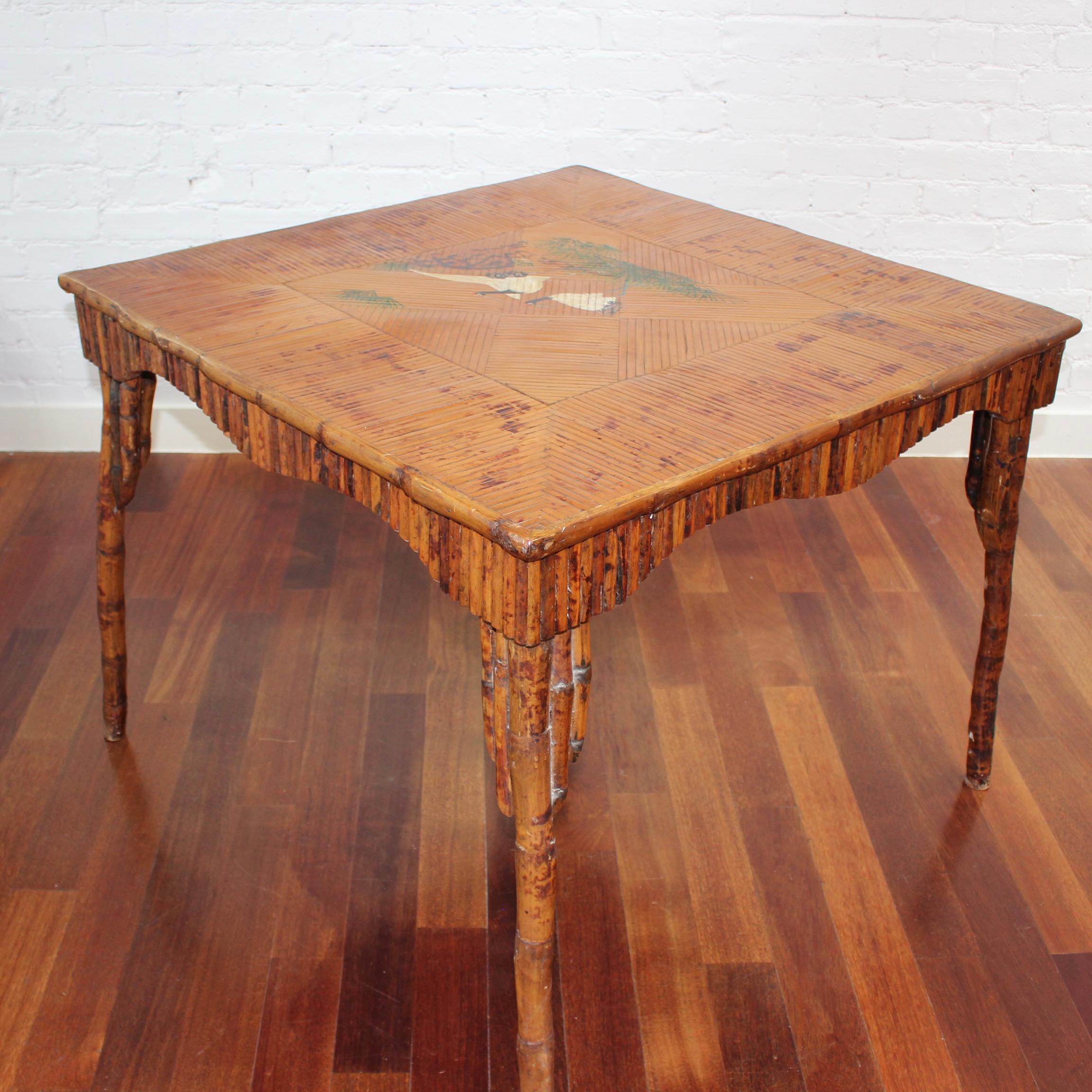 Hand-Painted Antique Chinoiserie Style Bamboo Rattan Card Table (circa 1910) For Sale