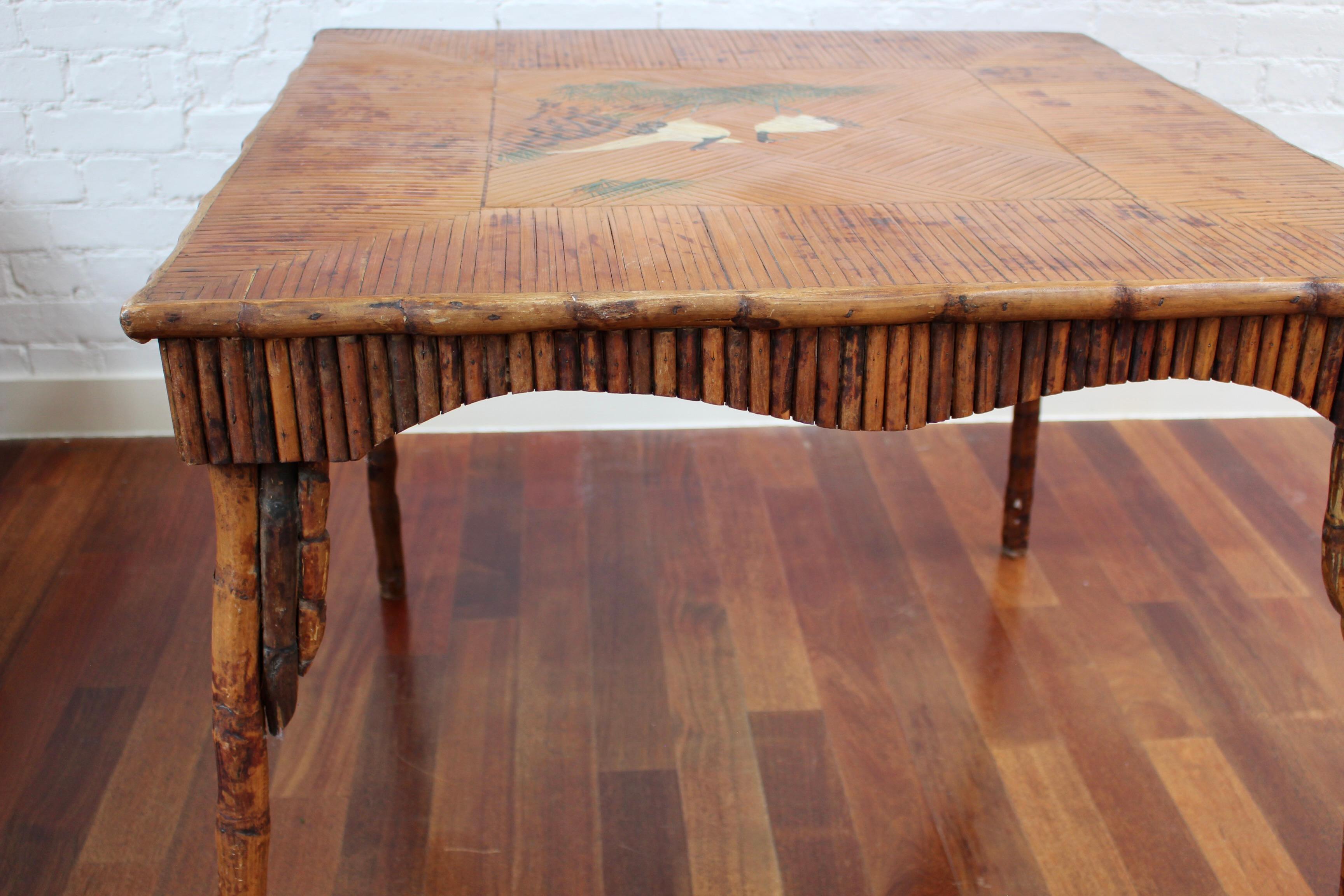 Antique Chinoiserie Style Bamboo Rattan Card Table (circa 1910) In Fair Condition For Sale In London, GB