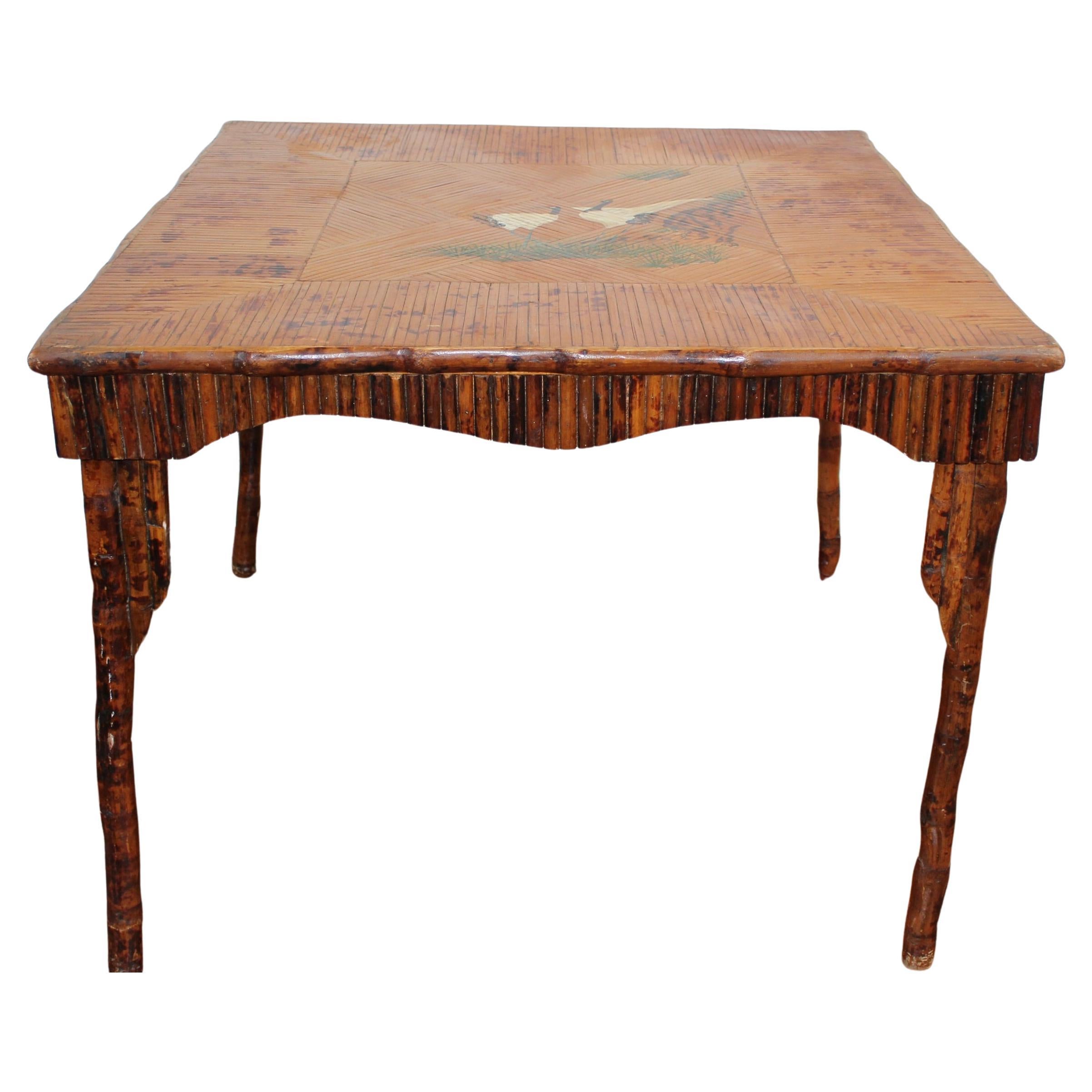 Antique Chinoiserie Style Bamboo Rattan Card Table (circa 1910) For Sale