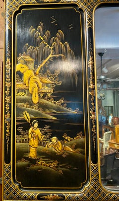 Antique Chinoiserie Style Black Lacquer Mirror, Circa 1900-1920