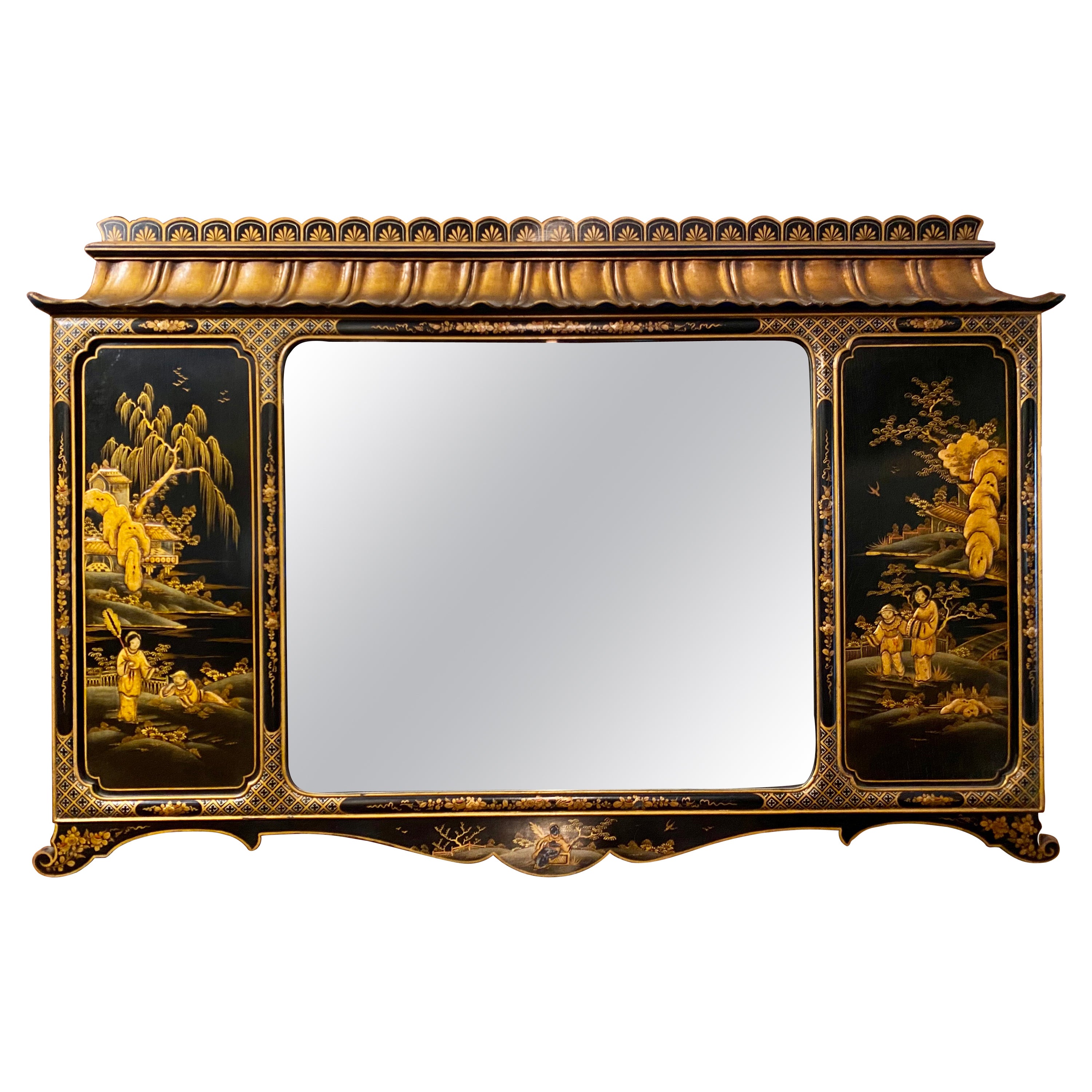 Antique Chinoiserie Style Black Lacquer Mirror, Circa 1900-1920