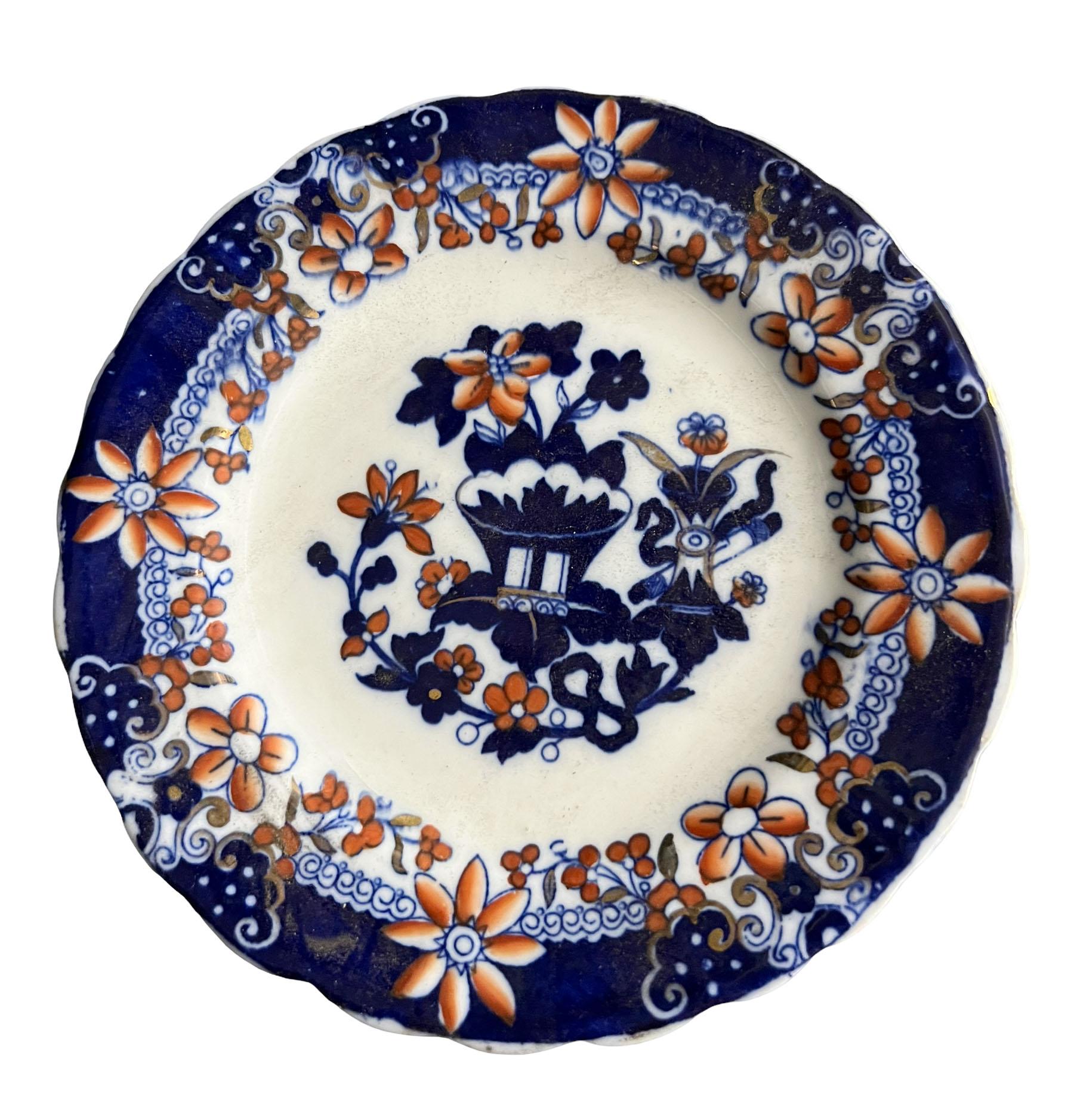 Hand-Painted Antique Chinoiserie Style Flow-Blue Plate For Sale