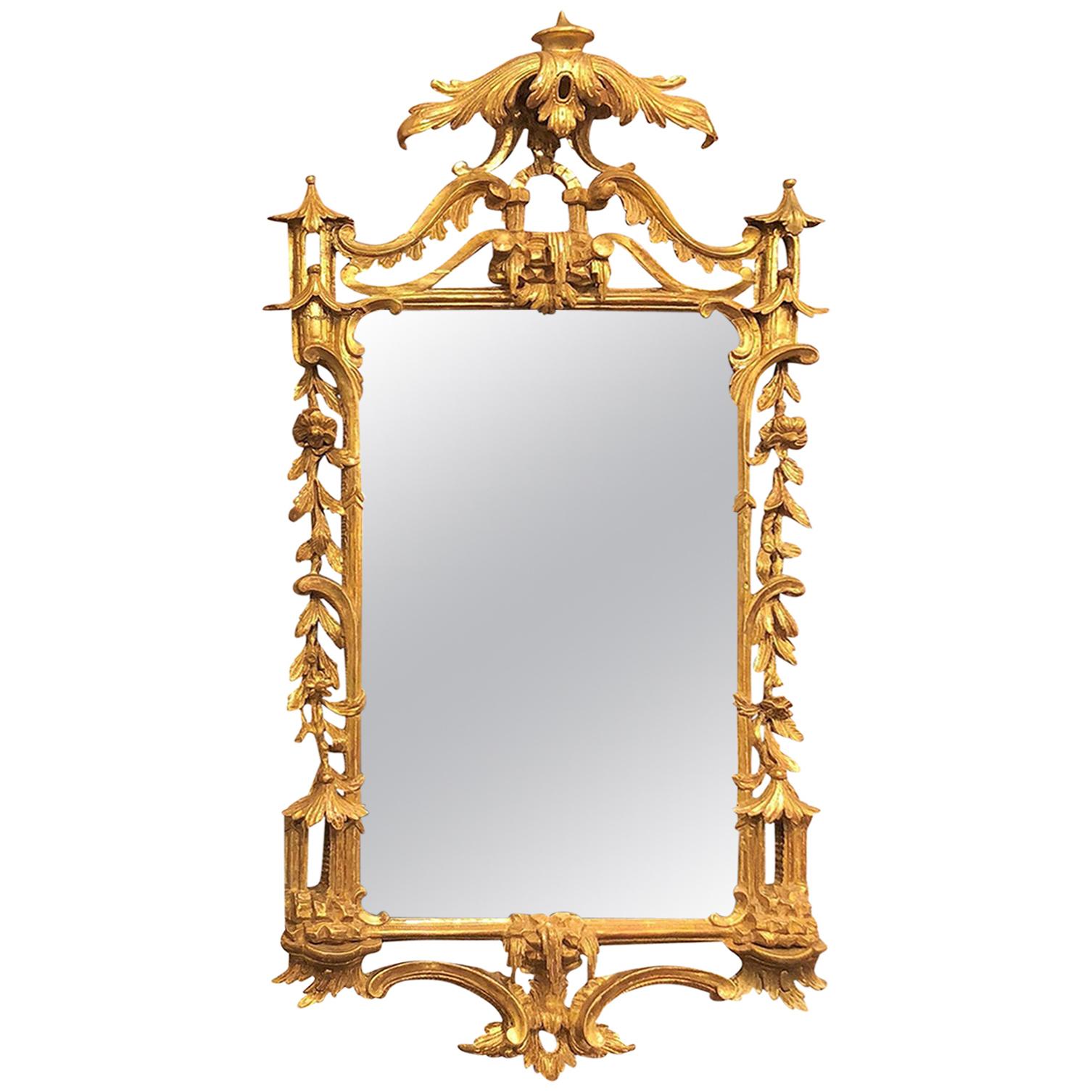 Antique Chinoiserie Style Gilded Carved Wood Mirror, circa 1920-1930