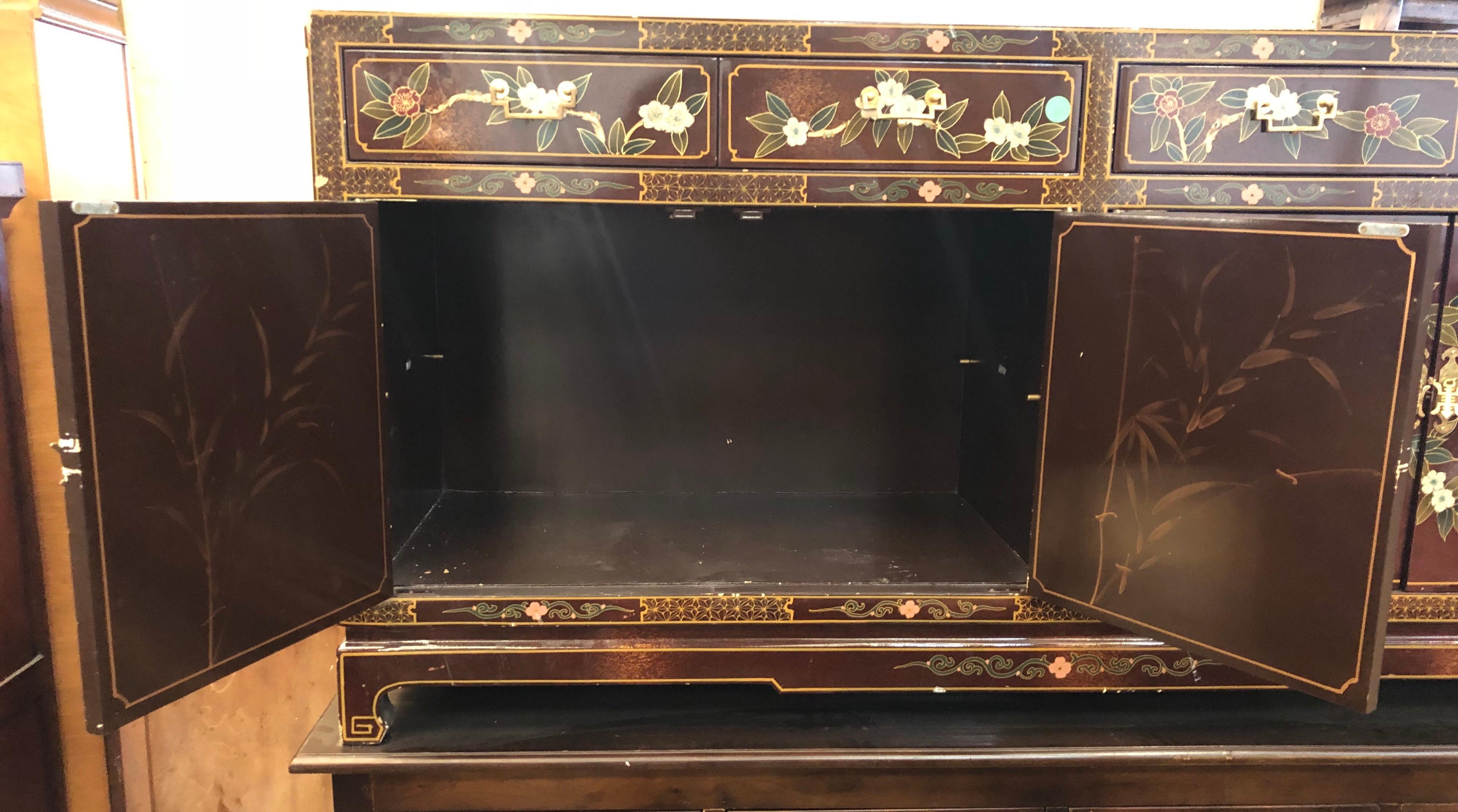 Antique Chinoiserie Style Wooden Buffet or Cabinet Hand-Painted Scenes In Good Condition In Sofia, BG