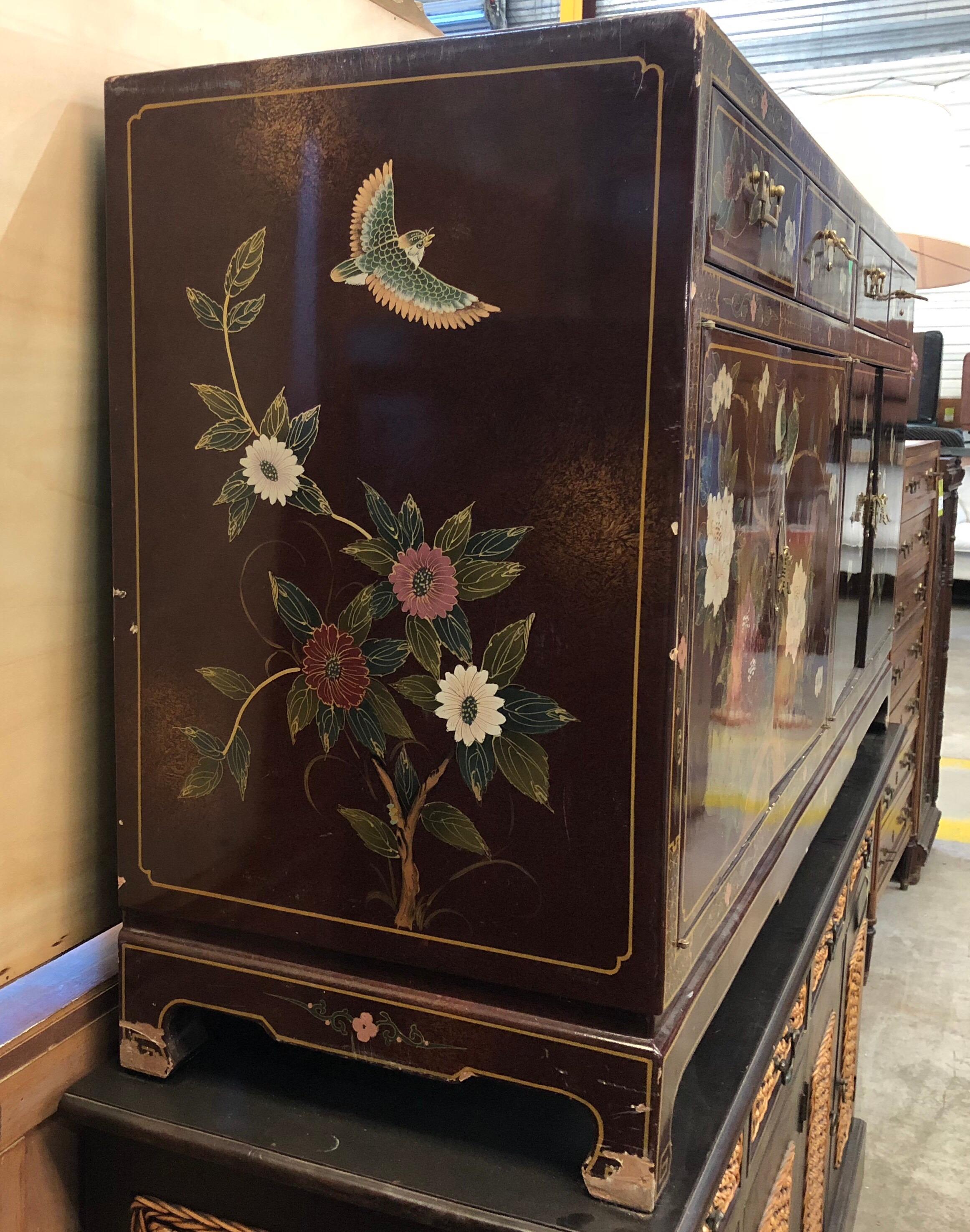 20th Century Antique Chinoiserie Style Wooden Buffet or Cabinet Hand-Painted Scenes