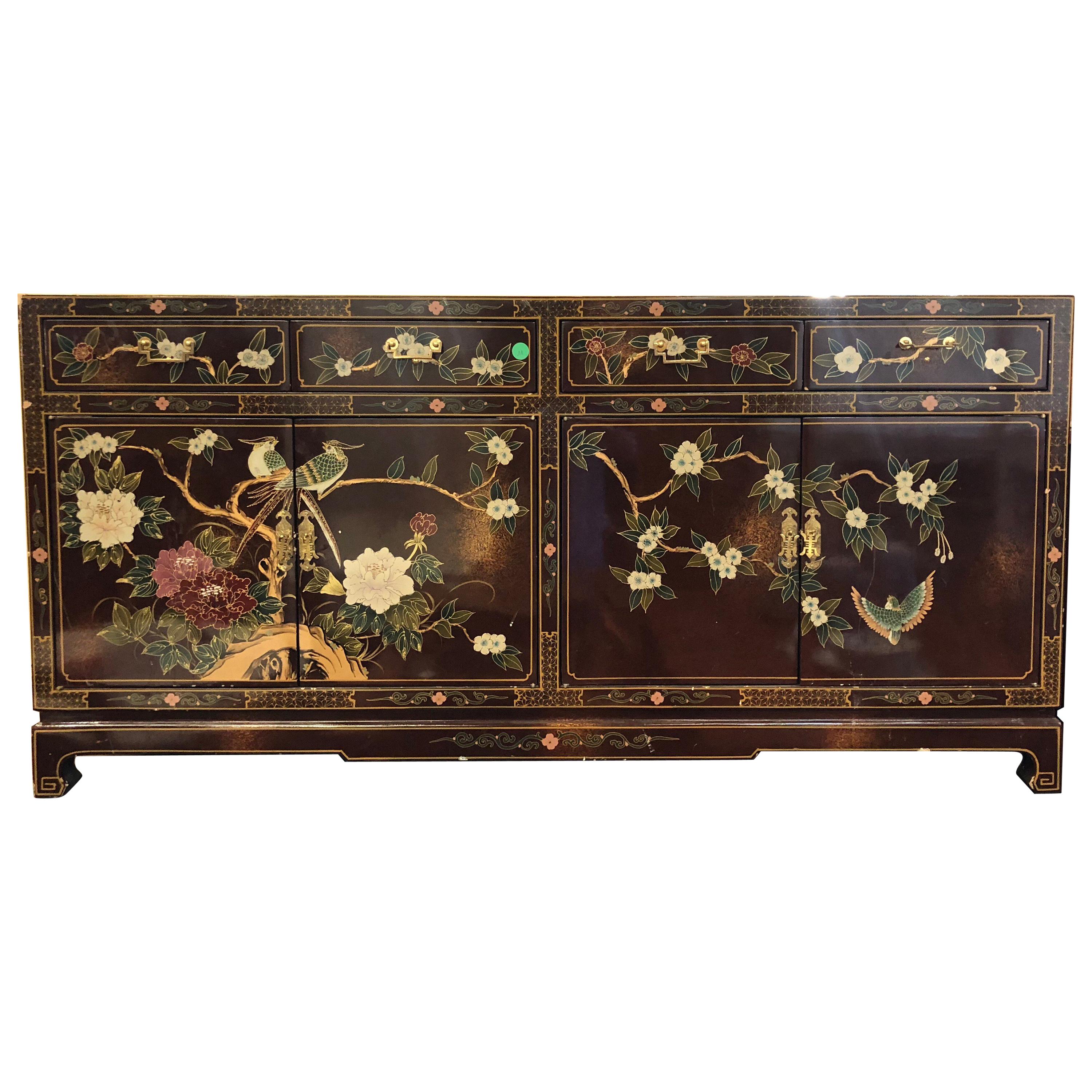 Antique Chinoiserie Style Wooden Buffet or Cabinet Hand-Painted Scenes