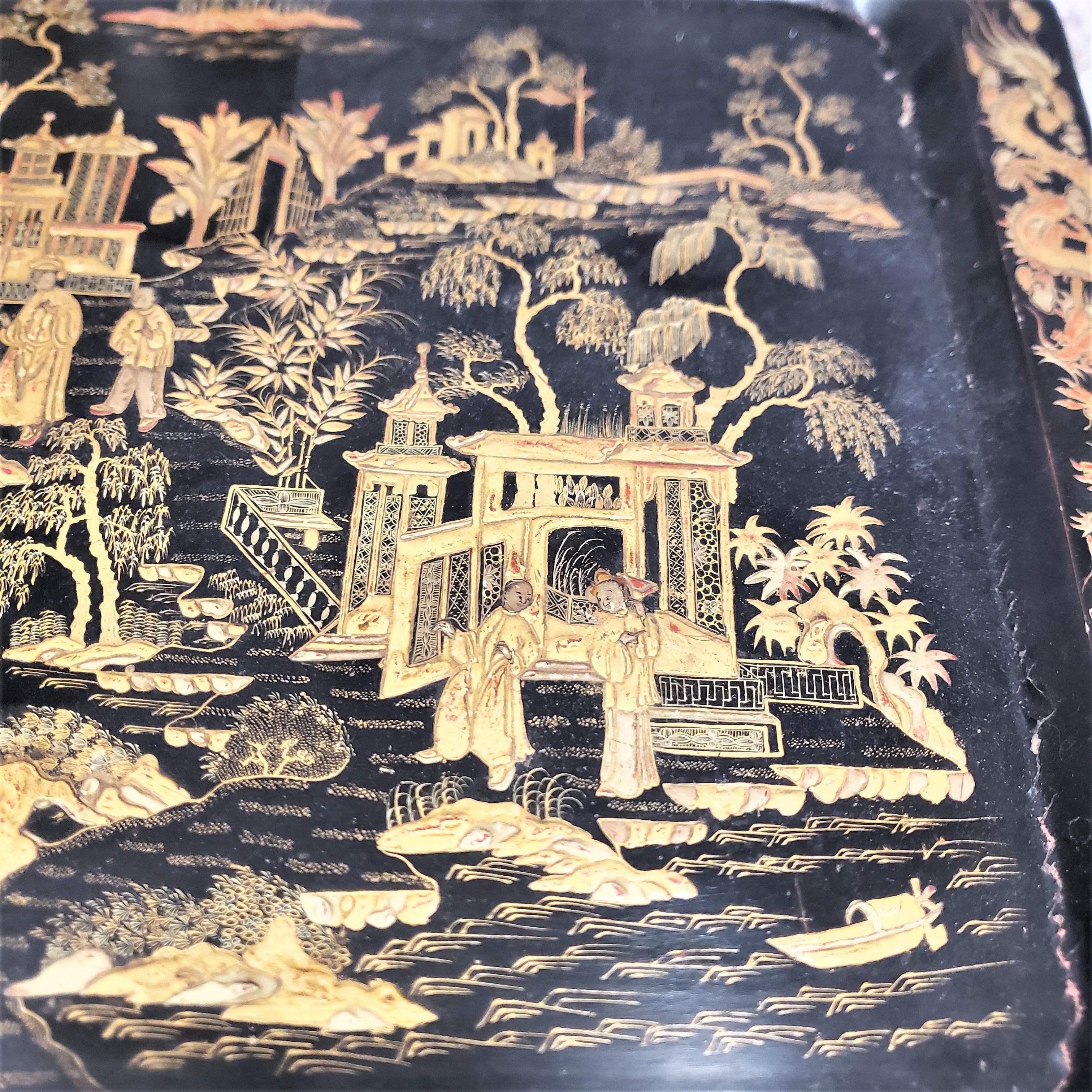 Antique Chinoiserie Stylied English Paper Mache Tray on Stand Accent Side Table 12