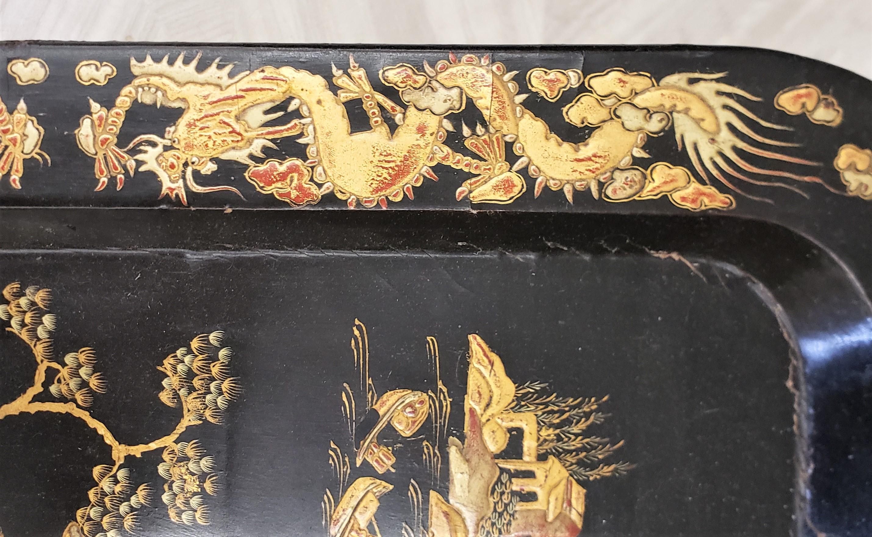 Antique Chinoiserie Stylied English Paper Mache Tray on Stand Accent Side Table 13