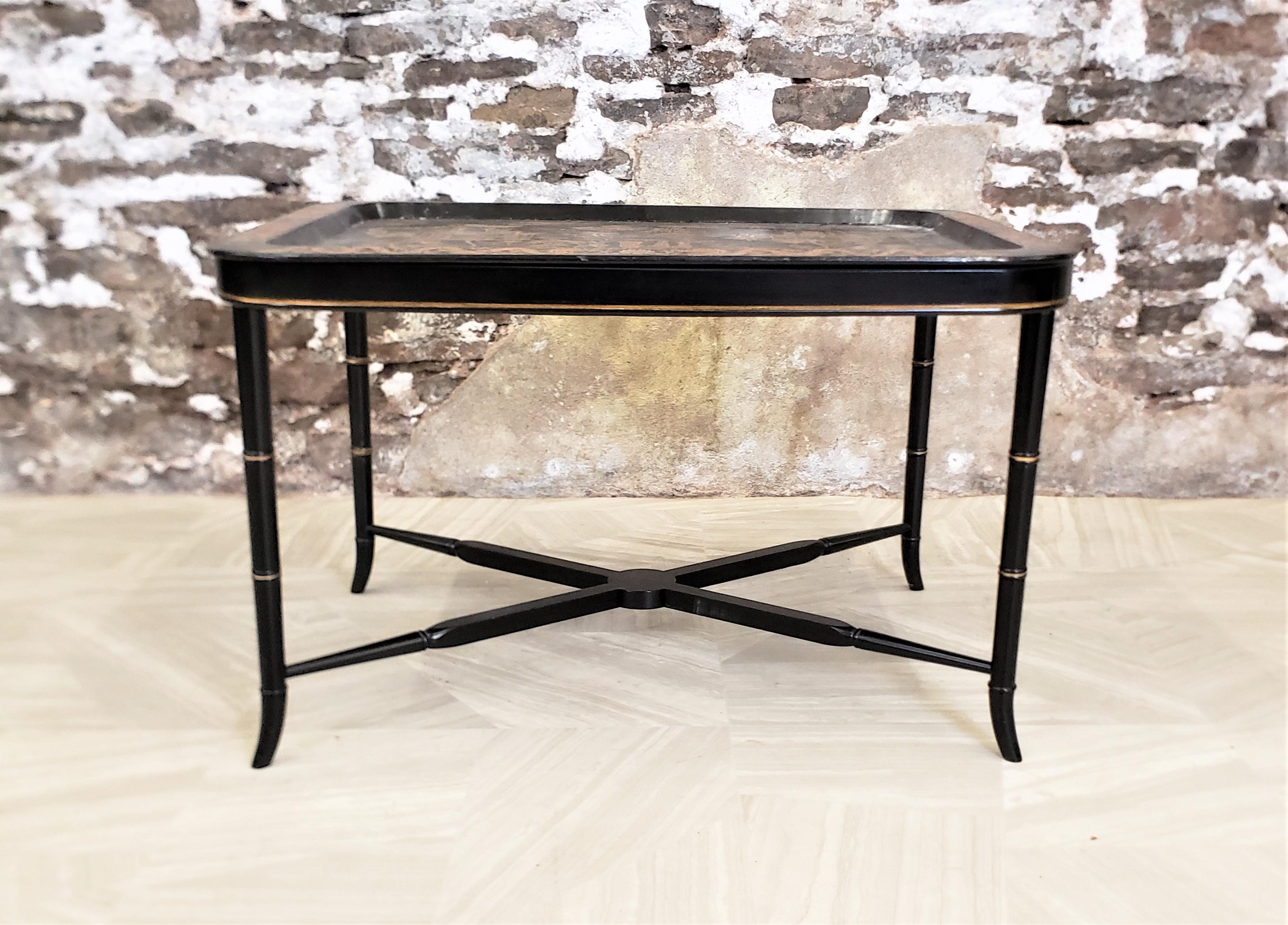 Softwood Antique Chinoiserie Stylied English Paper Mache Tray on Stand Accent Side Table