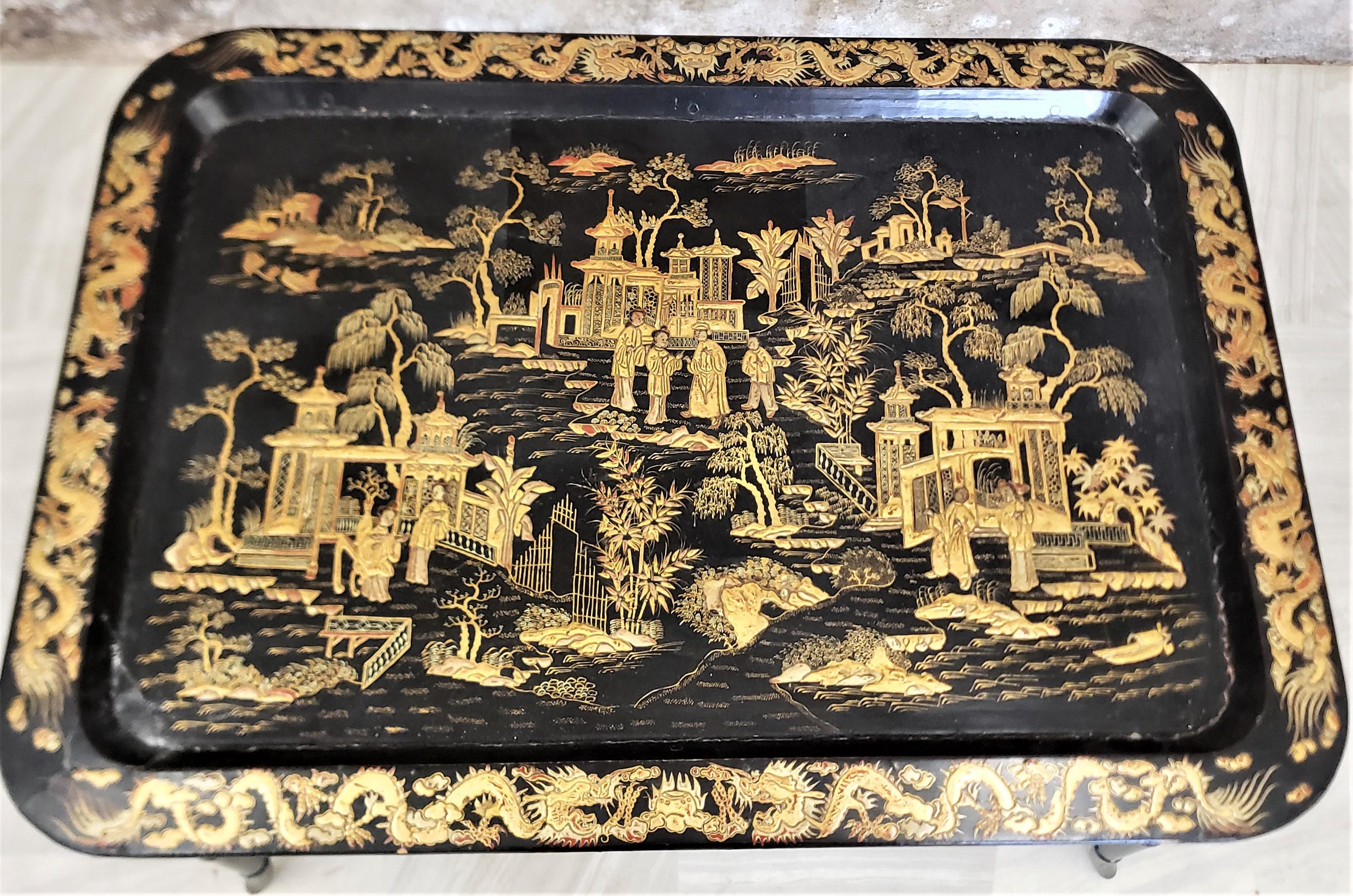 Antique Chinoiserie Stylied English Paper Mache Tray on Stand Accent Side Table 2