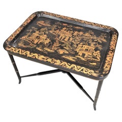 Antique Chinoiserie Stylied English Paper Mache Tray on Stand Accent Side Table