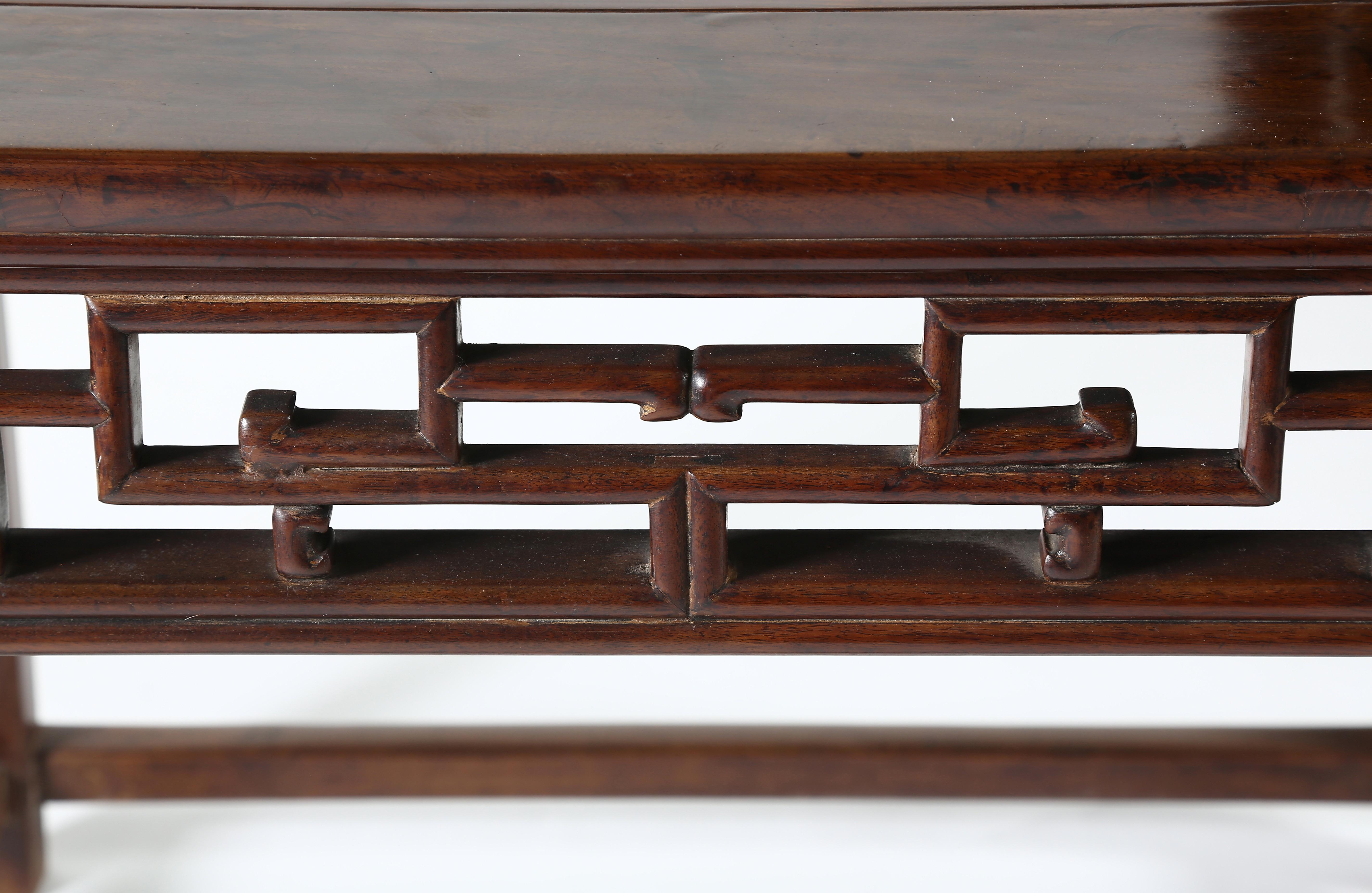 Ming Antique Chinoiserie Walnut Square Display Table with Fretwork Aprons, c. 1800’s For Sale