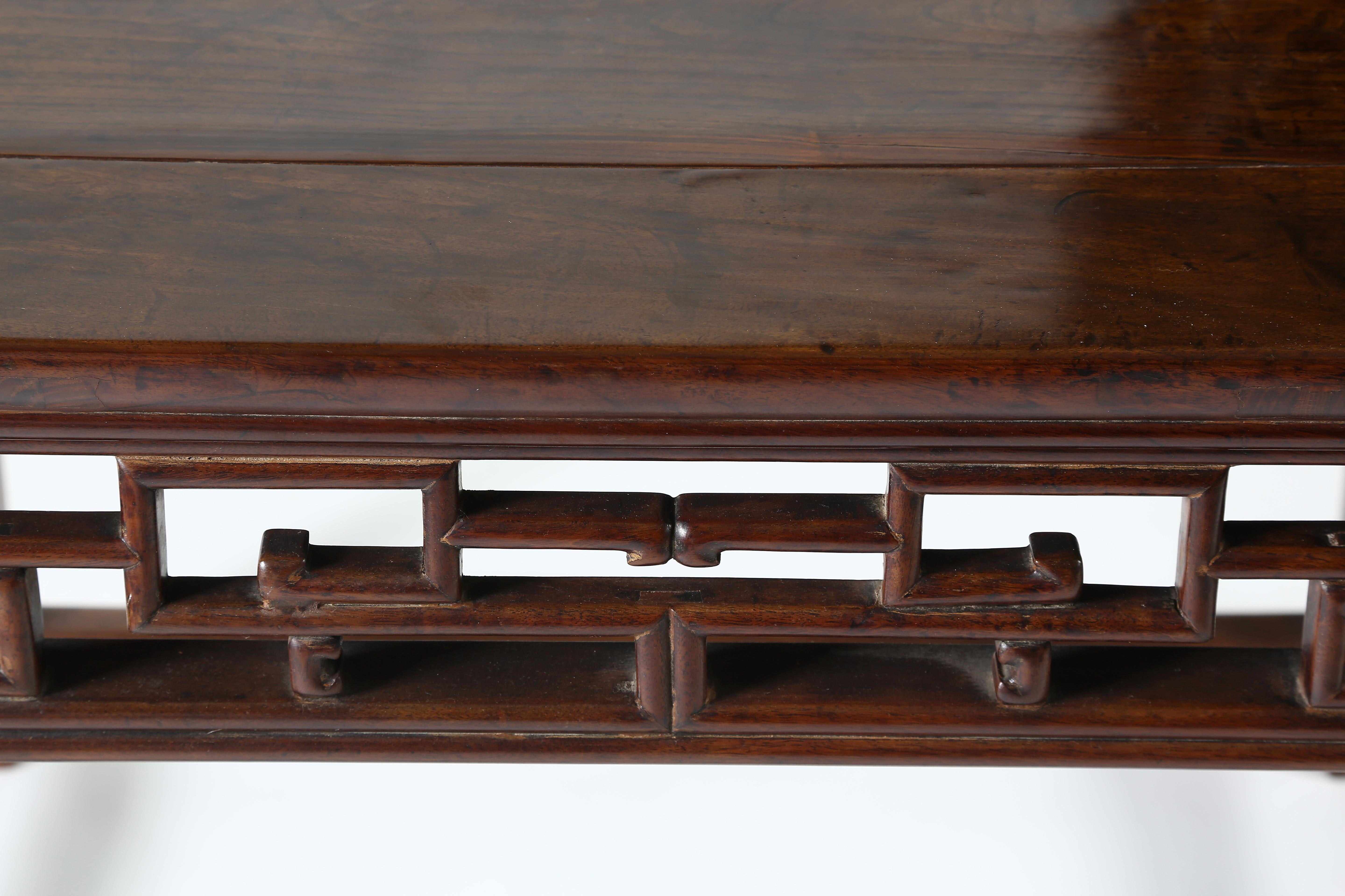 Chinese Antique Chinoiserie Walnut Square Display Table with Fretwork Aprons, c. 1800’s For Sale