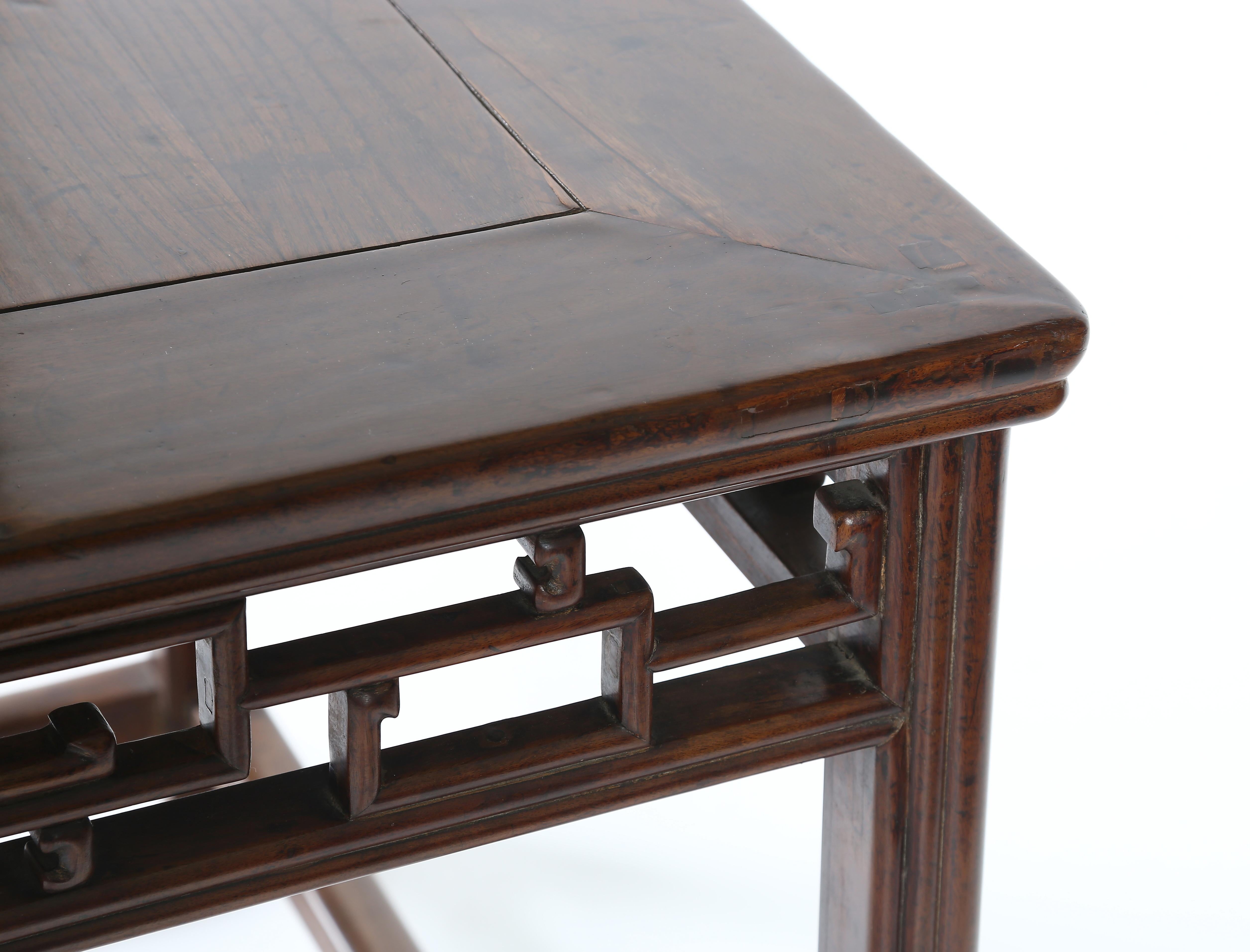 Hand-Crafted Antique Chinoiserie Walnut Square Display Table with Fretwork Aprons, c. 1800’s For Sale