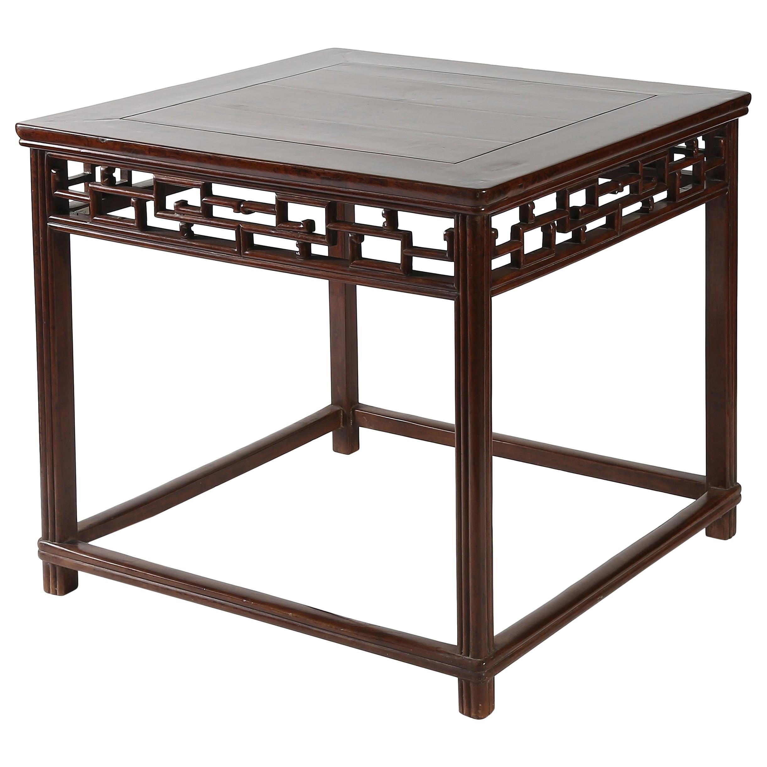 Antique Chinoiserie Walnut Square Display Table with Fretwork Aprons, c. 1800’s For Sale
