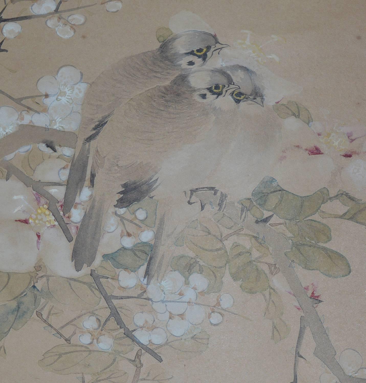 A beautiful watercolor on card in Chinese style. Heightened with body color.

Artist unknown. Uncertain of the origin of this. It could be Chinese.

Faux ivory frame. The images show the difference between daylight and photographic studio light.