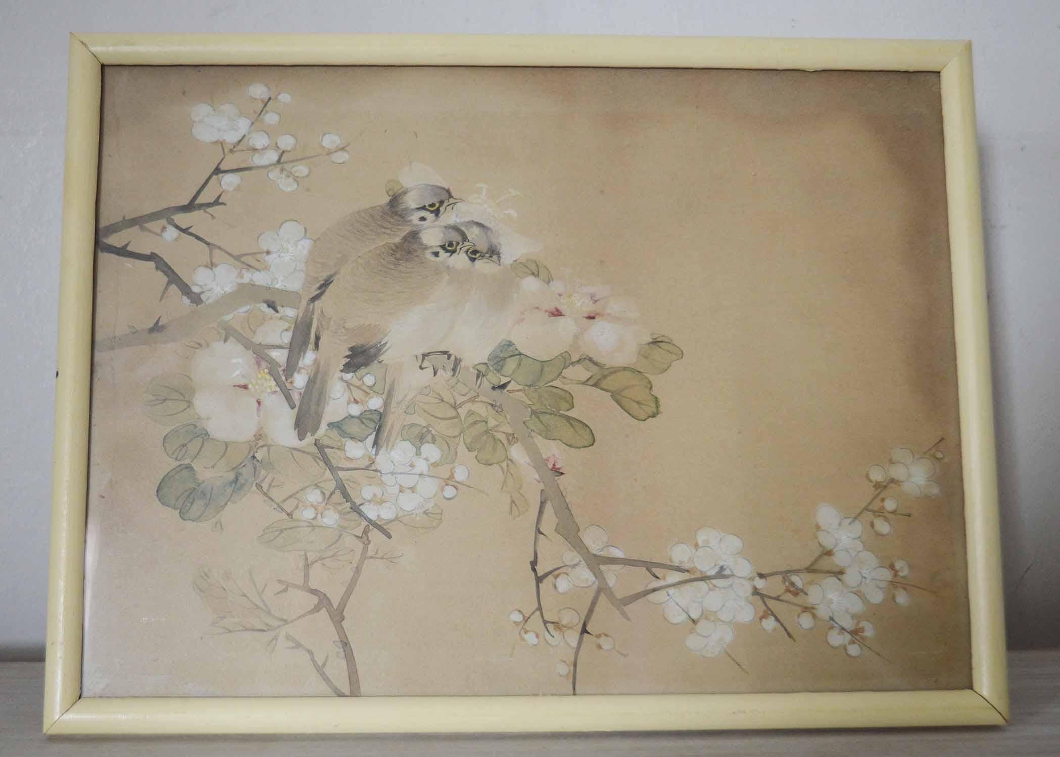 Unknown Antique Chinoiserie Watercolor Panel of Birds, 19th Century