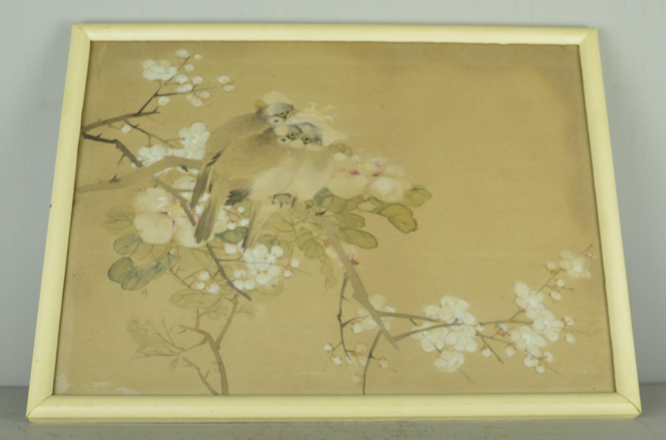 Unknown Antique Chinoiserie Watercolor Panel of Birds, 19th Century