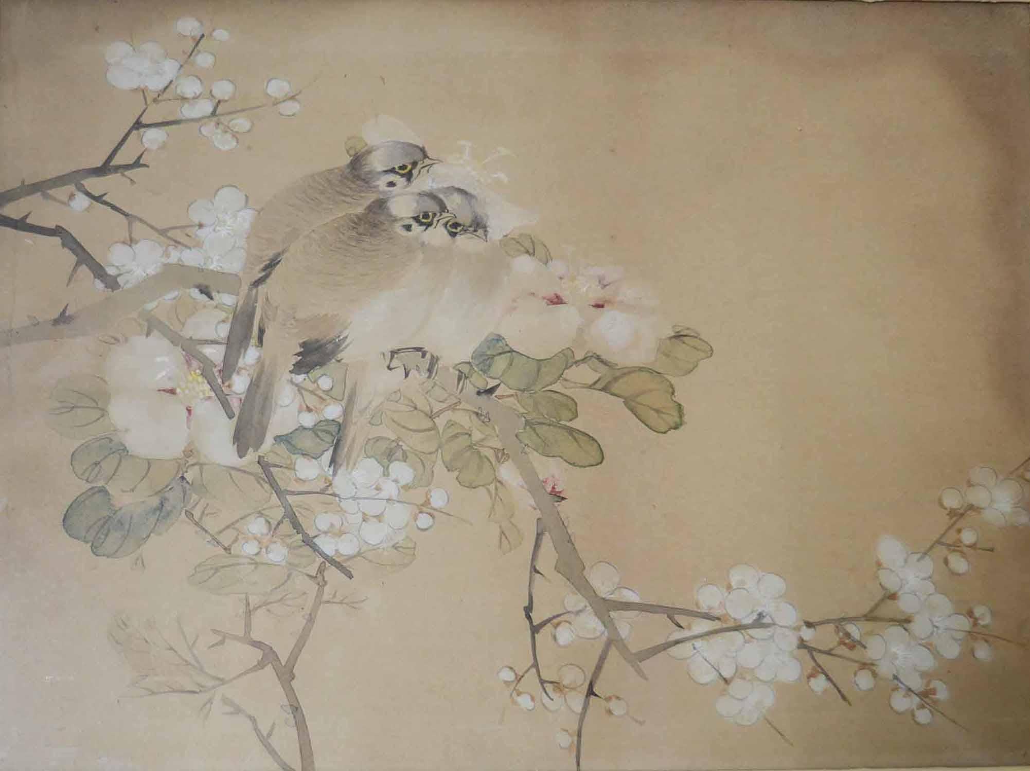 Painted Antique Chinoiserie Watercolor Panel of Birds, 19th Century