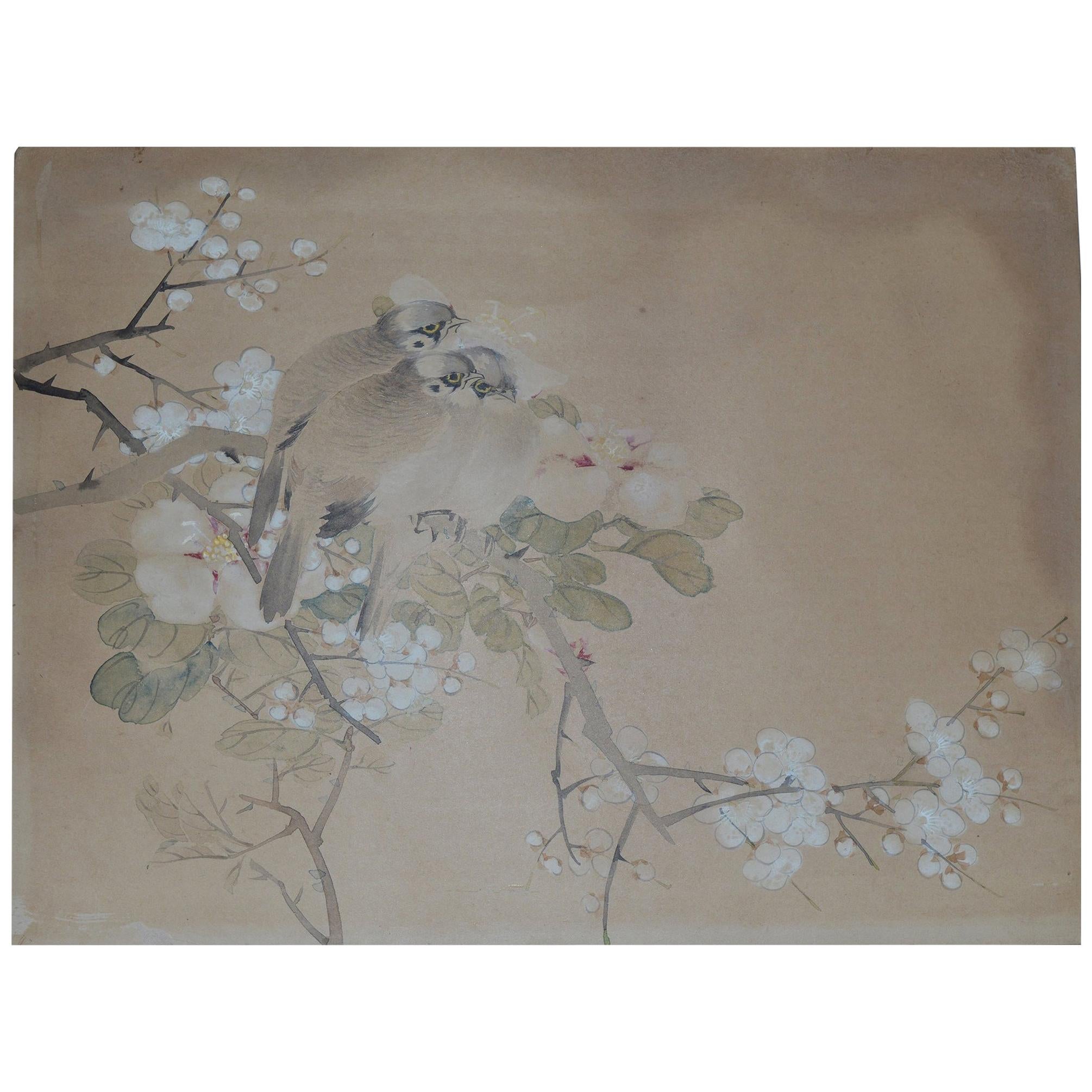 Antique Chinoiserie Watercolor Panel of Birds, 19th Century