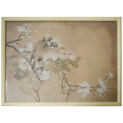 Antique Chinoiserie Watercolor Panel of Birds, 19th Century