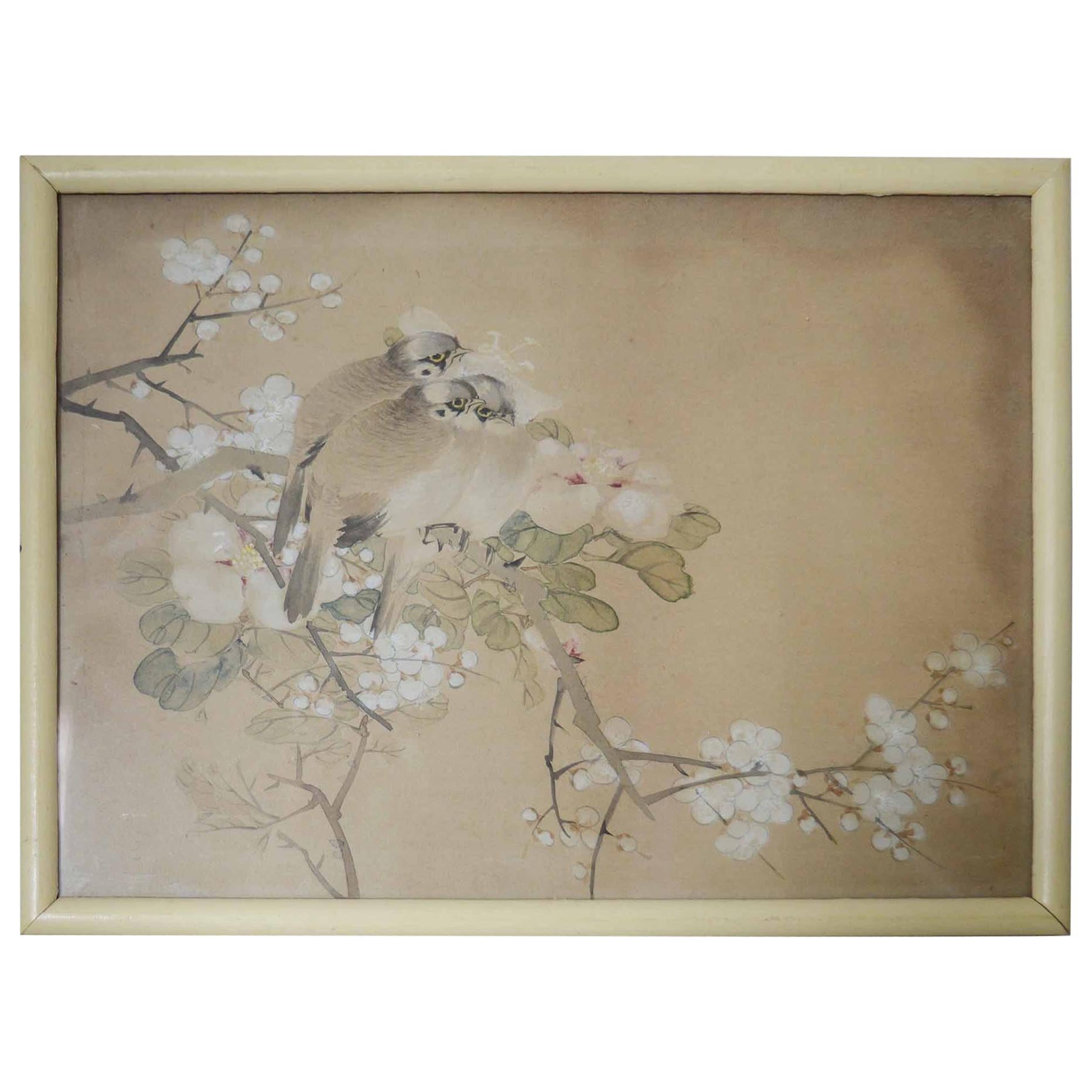 Antique Chinoiserie Watercolour Panel of Birds, 19th Century