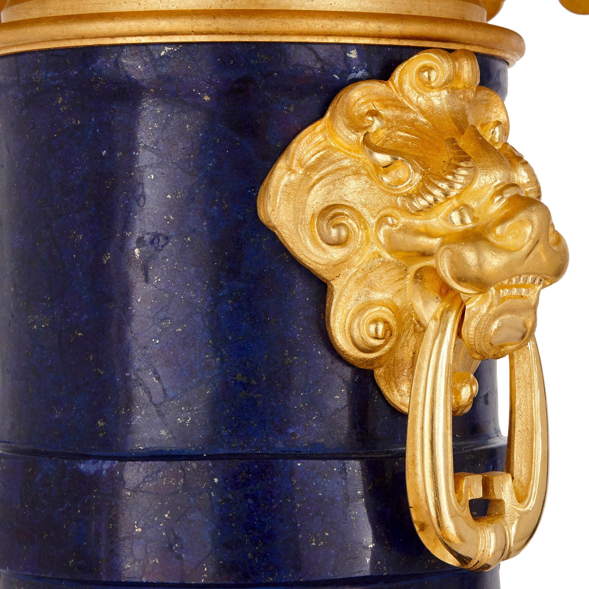 French Antique Chinoiserie Style Lapis Lazuli and Gilt Bronze Urn For Sale
