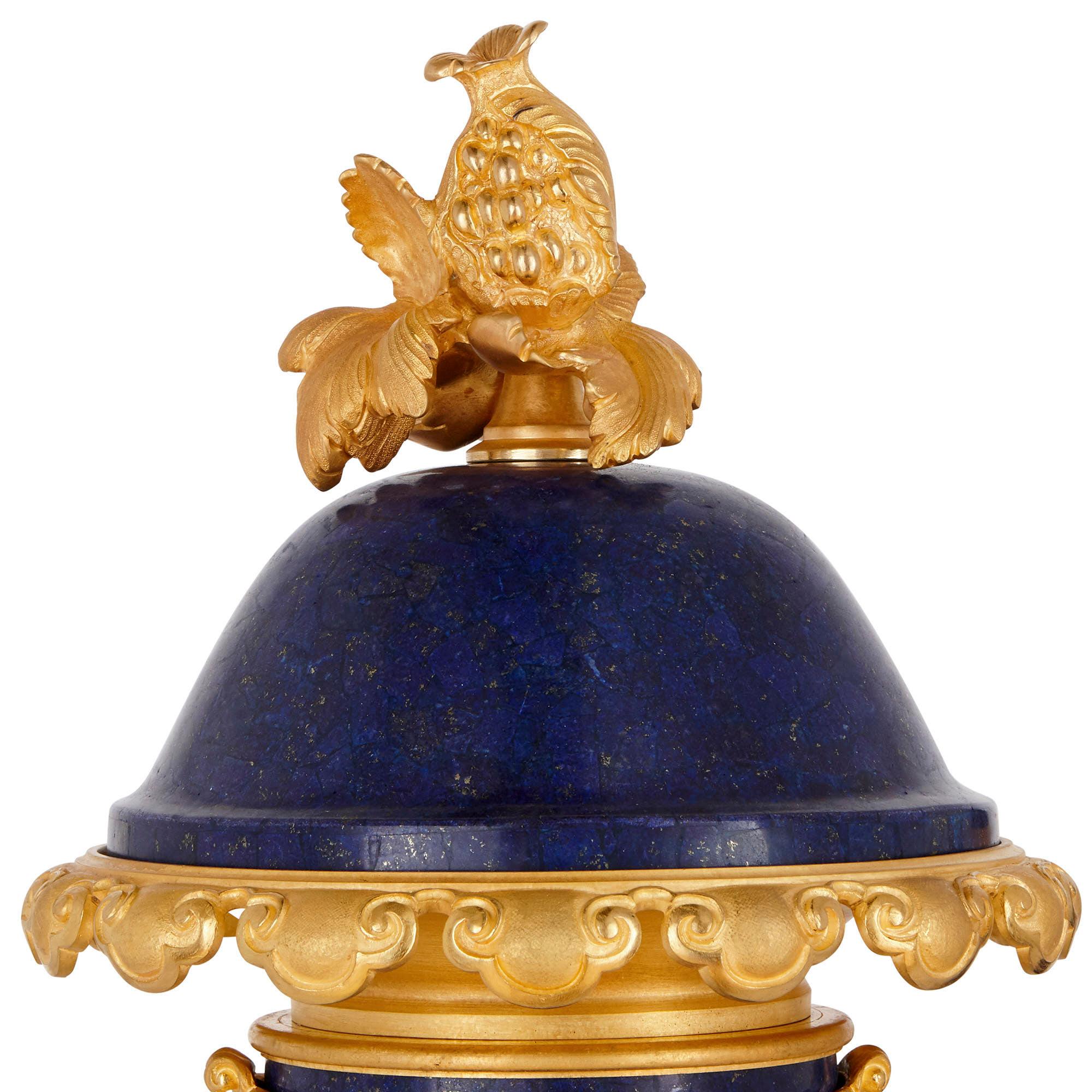 19th Century Antique Chinoiserie Style Lapis Lazuli and Gilt Bronze Urn For Sale