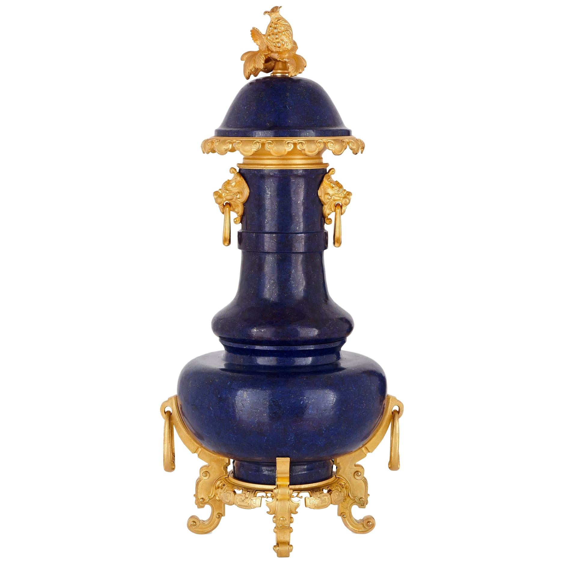 Antique Chinoiserie Style Lapis Lazuli and Gilt Bronze Urn