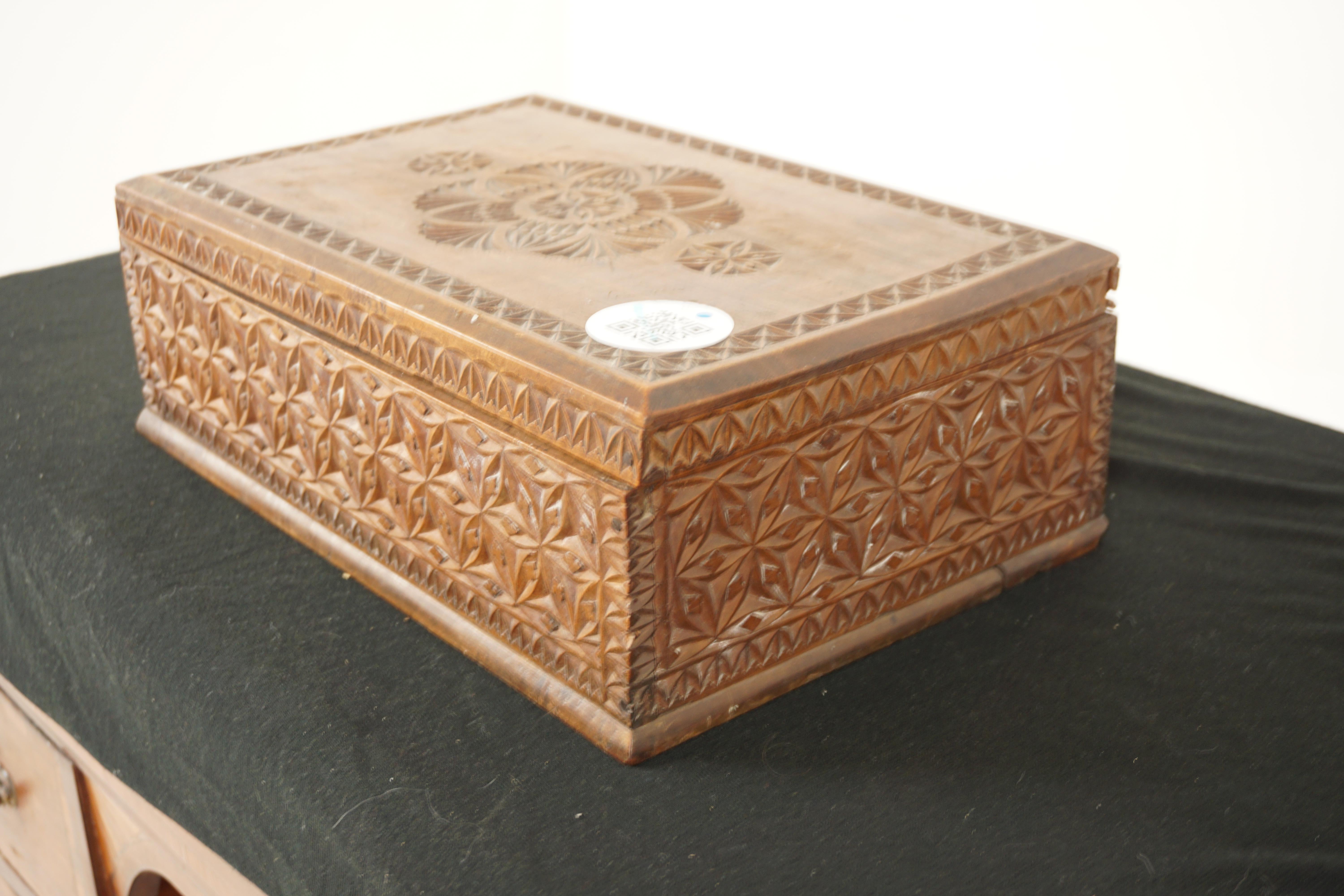 Scottish Antique Chipped Carved Camphor Wood Box, Scotland 1880 For Sale