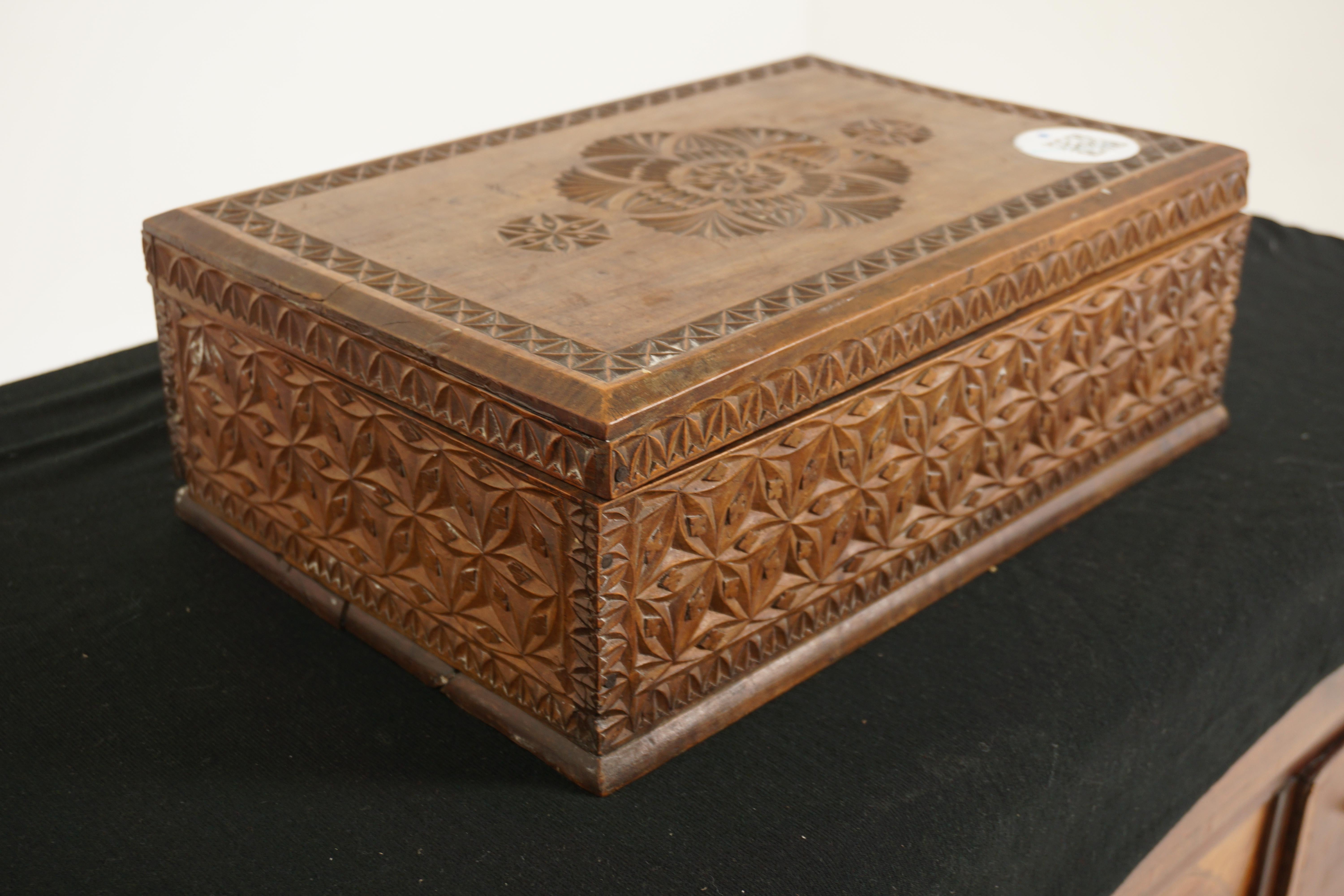 Antique Chipped Carved Camphor Wood Box, Scotland 1880 In Good Condition For Sale In Vancouver, BC