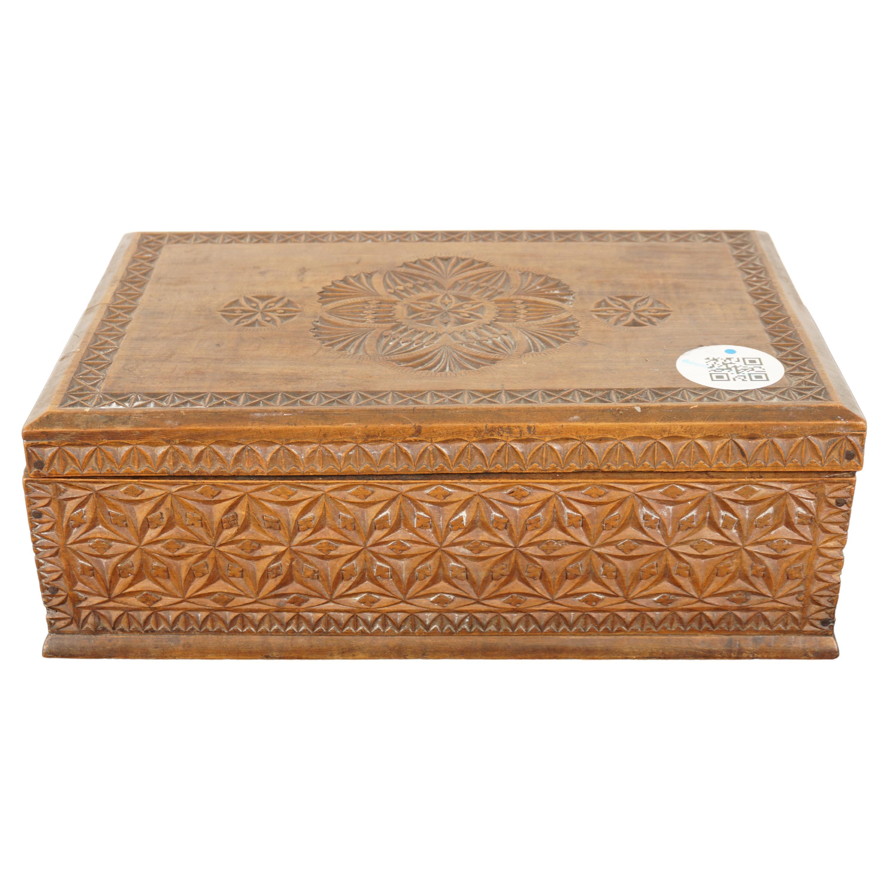 Antique Chipped Carved Camphor Wood Box, Scotland 1880 For Sale