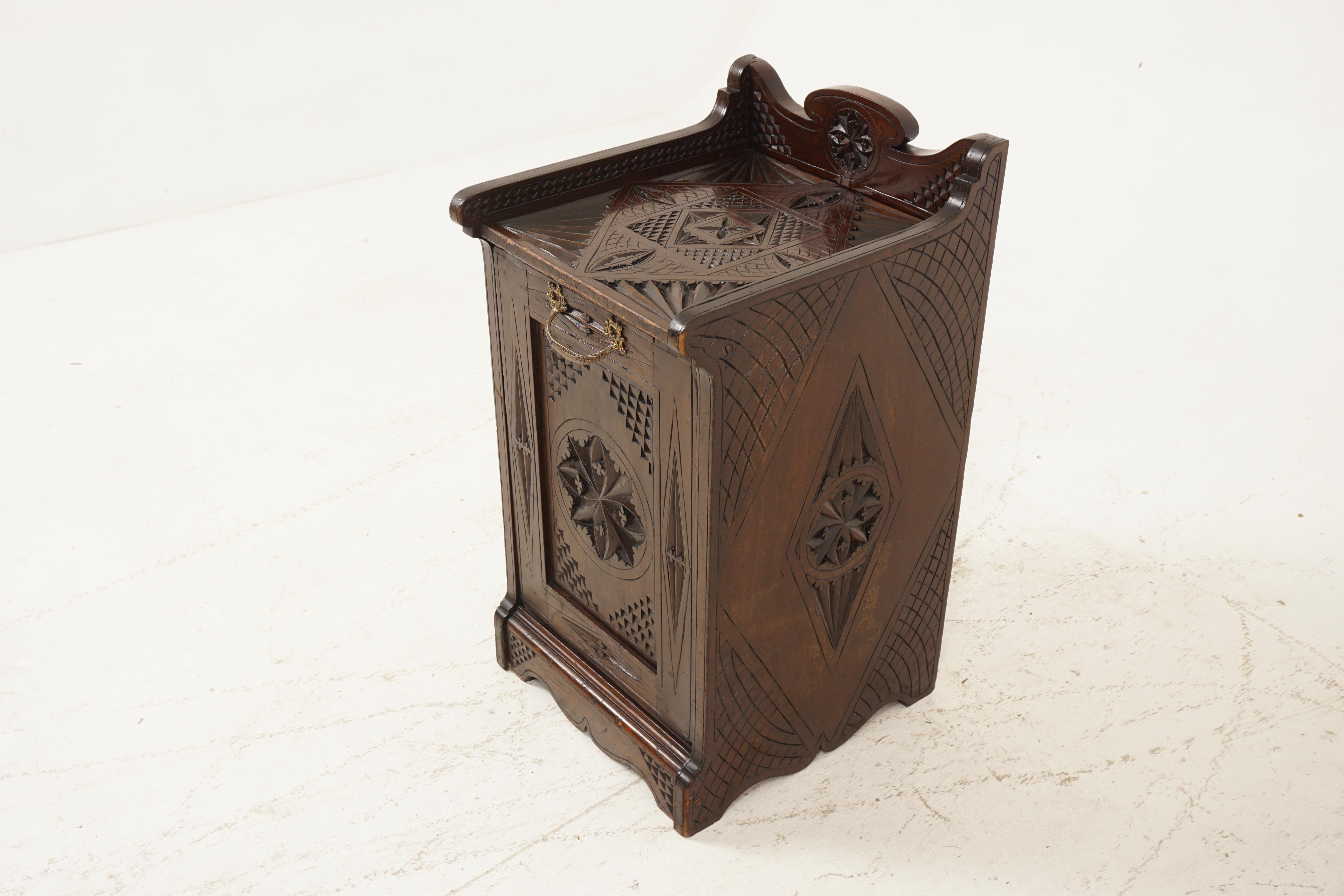 Antique Chipped Carved Coal Box, Scuttle Box, Purdonium, Scotland 1880, H268

Scotland 1880 
Solid Walnut
Original Finish 
Three Quarter Chipped Carved Gallery On Top
Carved Sides
Original Brass Handle On Front 
Carved Pull Down Front 
With Original