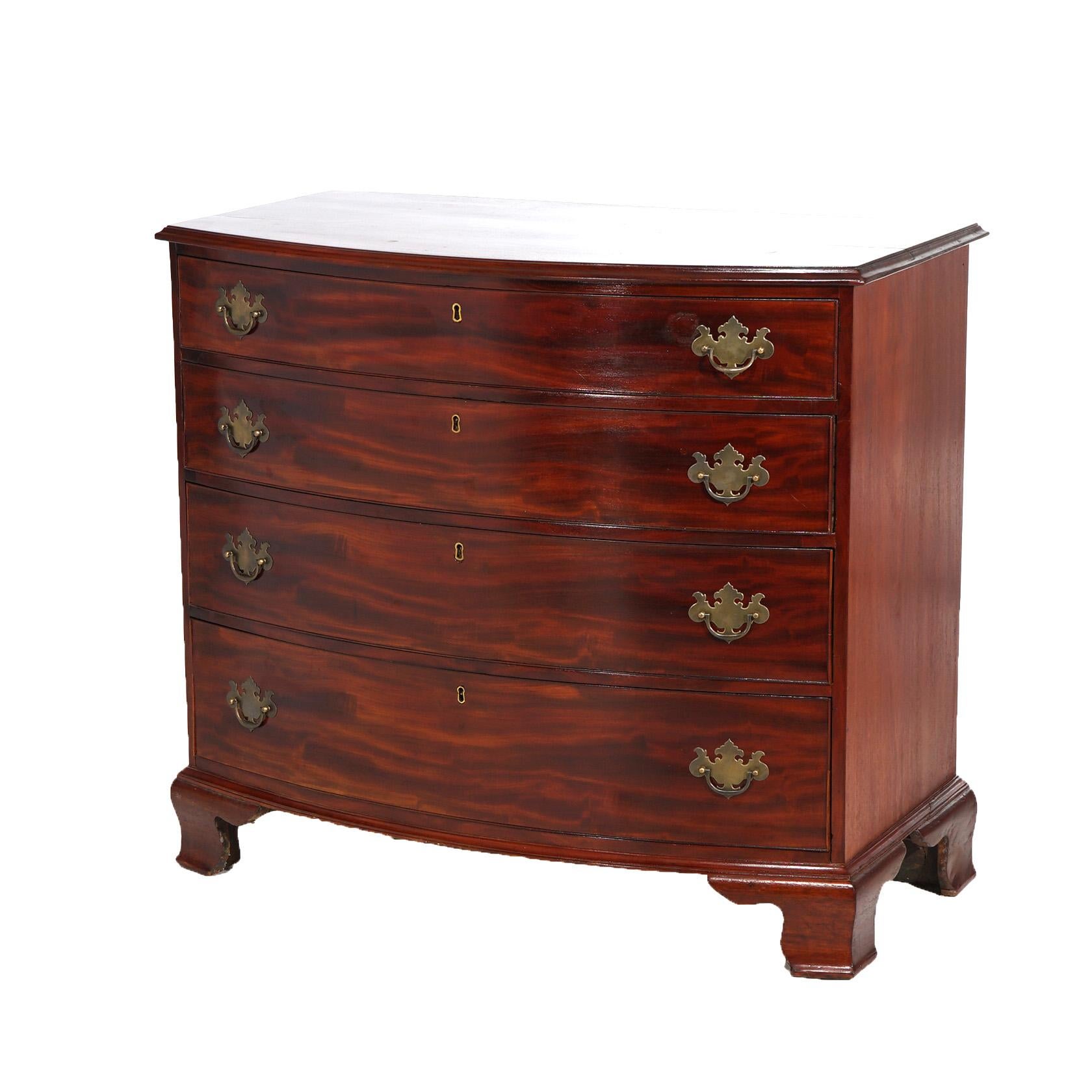 Antique Chippendale Bow Front Flame Mahogany Four-Drawer Chest C1830’s In Good Condition In Big Flats, NY