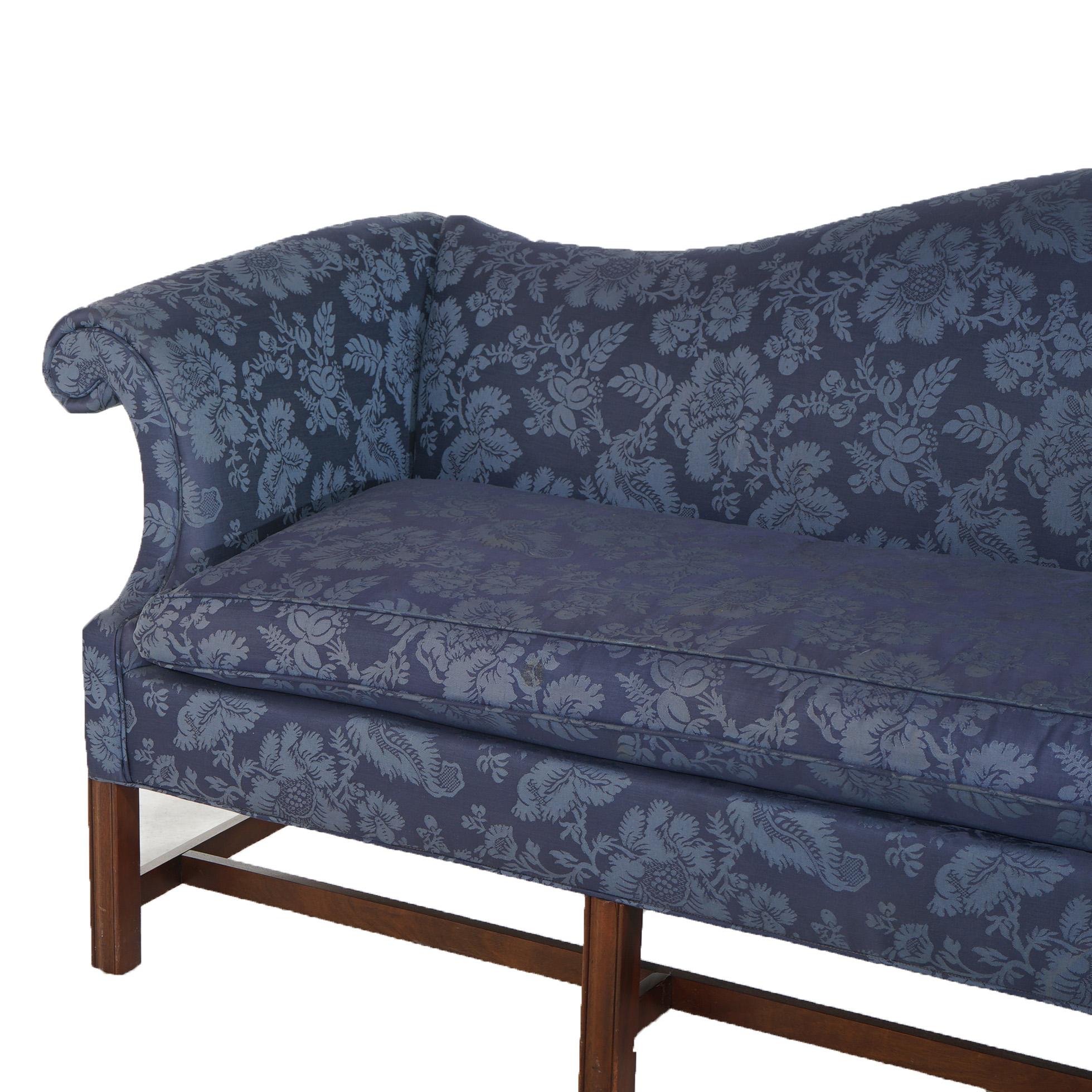 ***Ask About Reduced In-House Delivery Rates - Reliable Professional Service & Fully Insured***
Antique Chippendale Camelback Sofa with Scroll Arms, Blue, C1930

Measures - 35.5