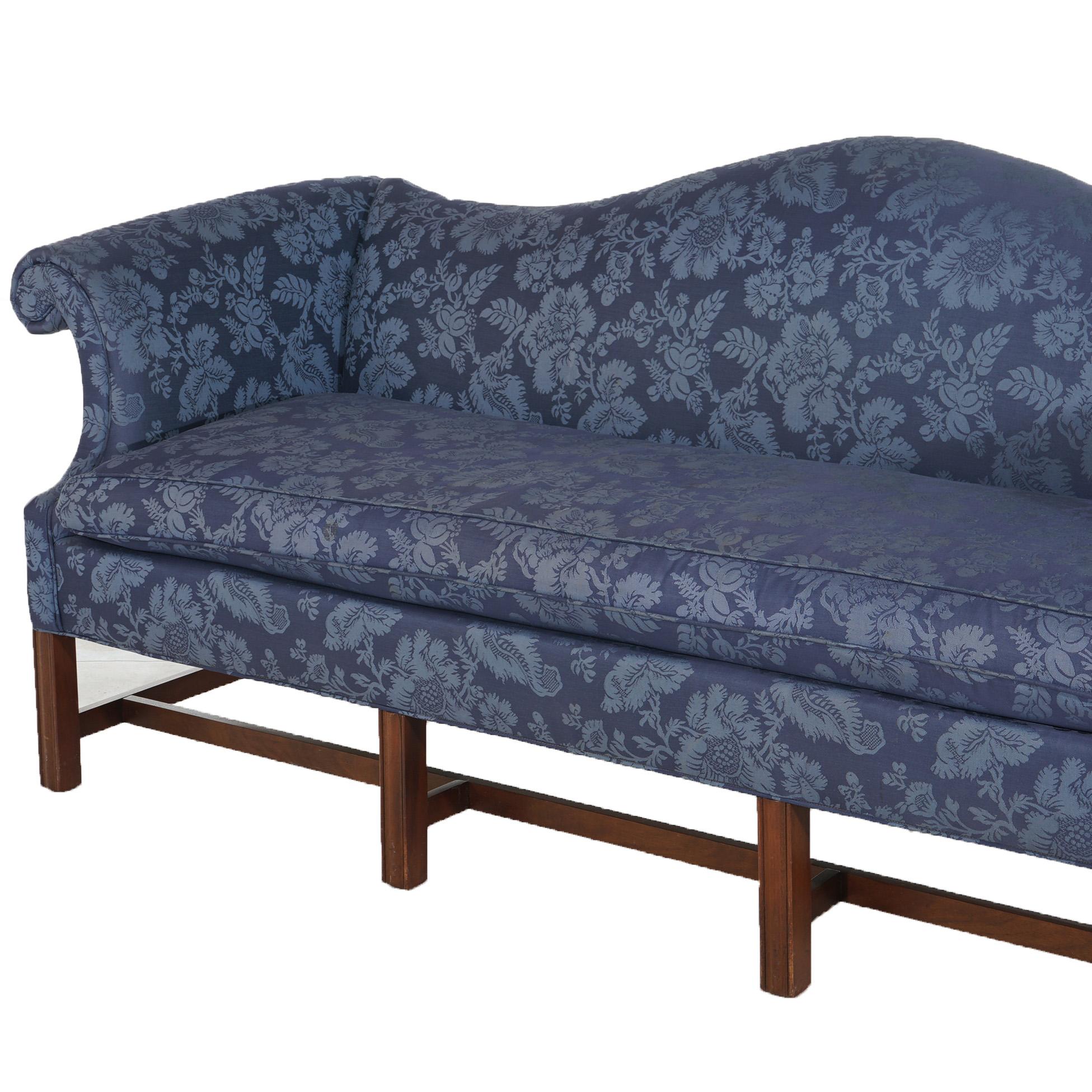 Antique Chippendale Camelback Sofa with Scroll Arms, Blue, C1930 In Good Condition For Sale In Big Flats, NY