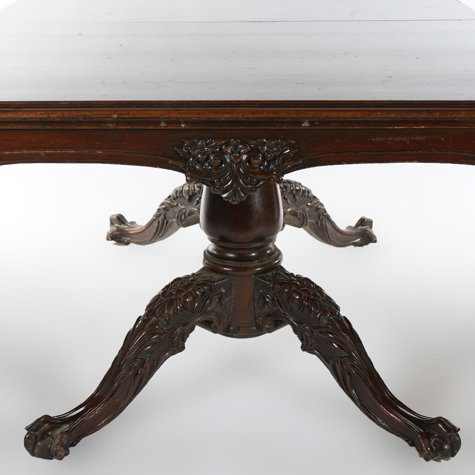Antique Chippendale Carved Mahogany Double Pedestal Dining Table Circa 1930 For Sale 10