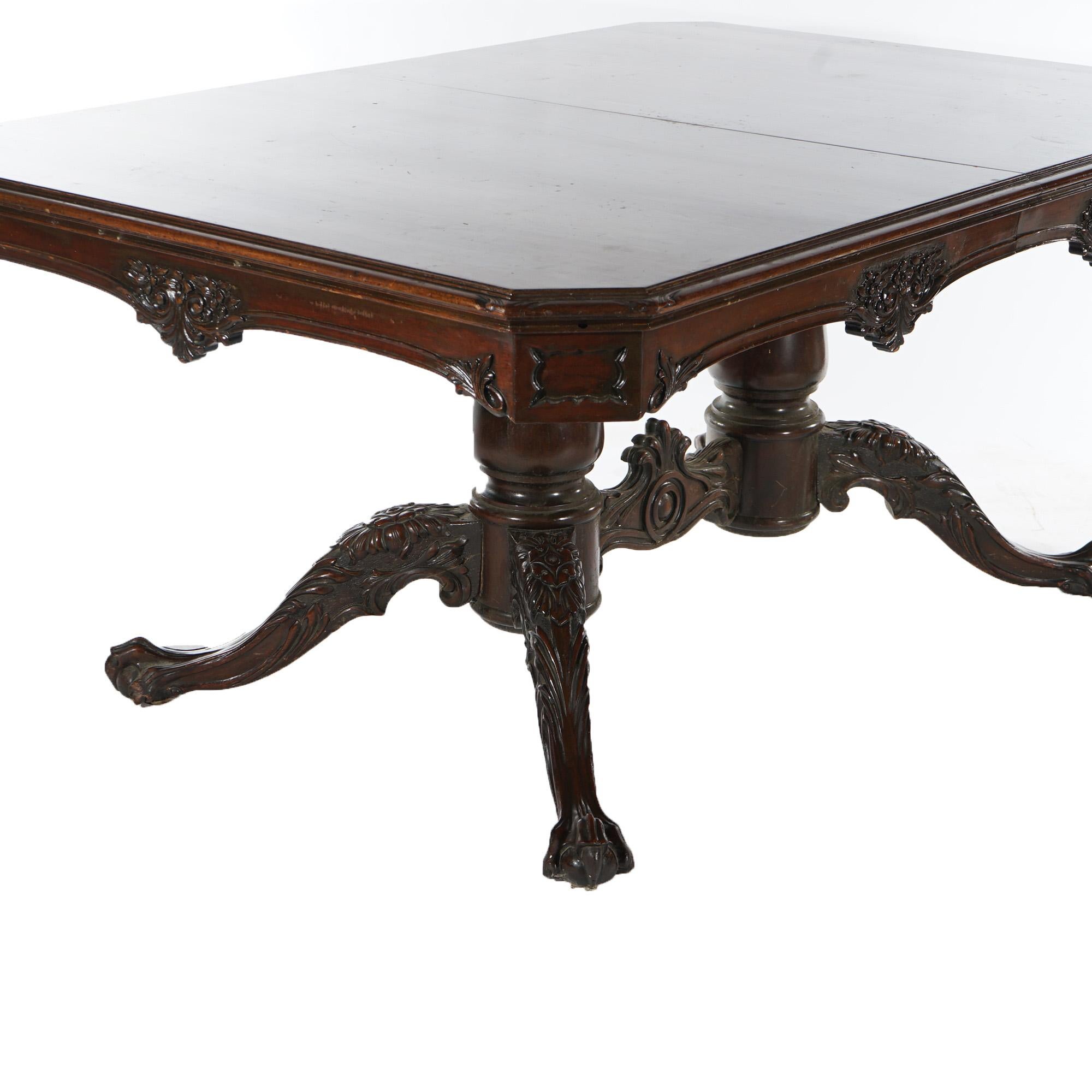 Antique Chippendale Carved Mahogany Double Pedestal Dining Table Circa 1930 For Sale 13