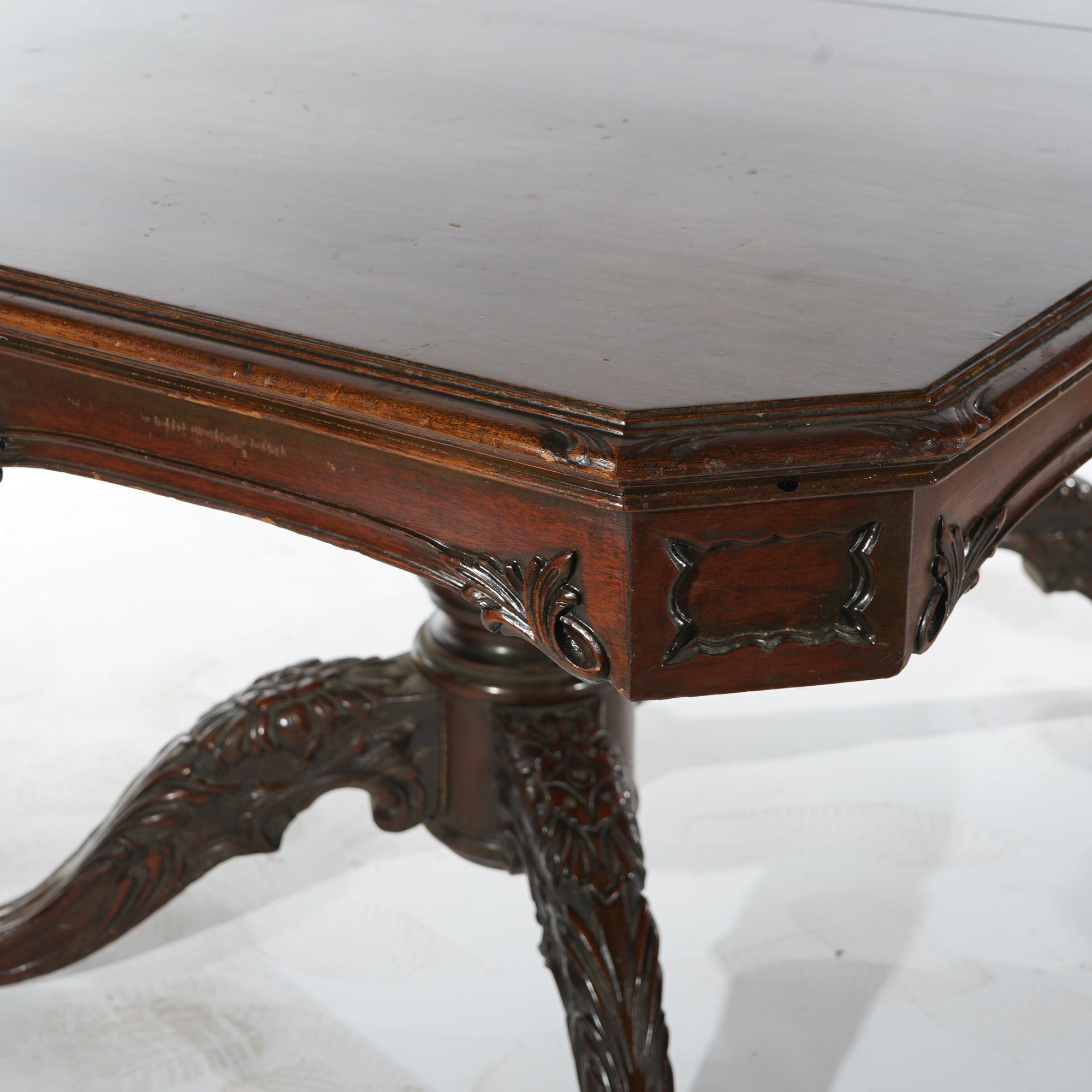 Antique Chippendale Carved Mahogany Double Pedestal Dining Table Circa 1930 For Sale 14
