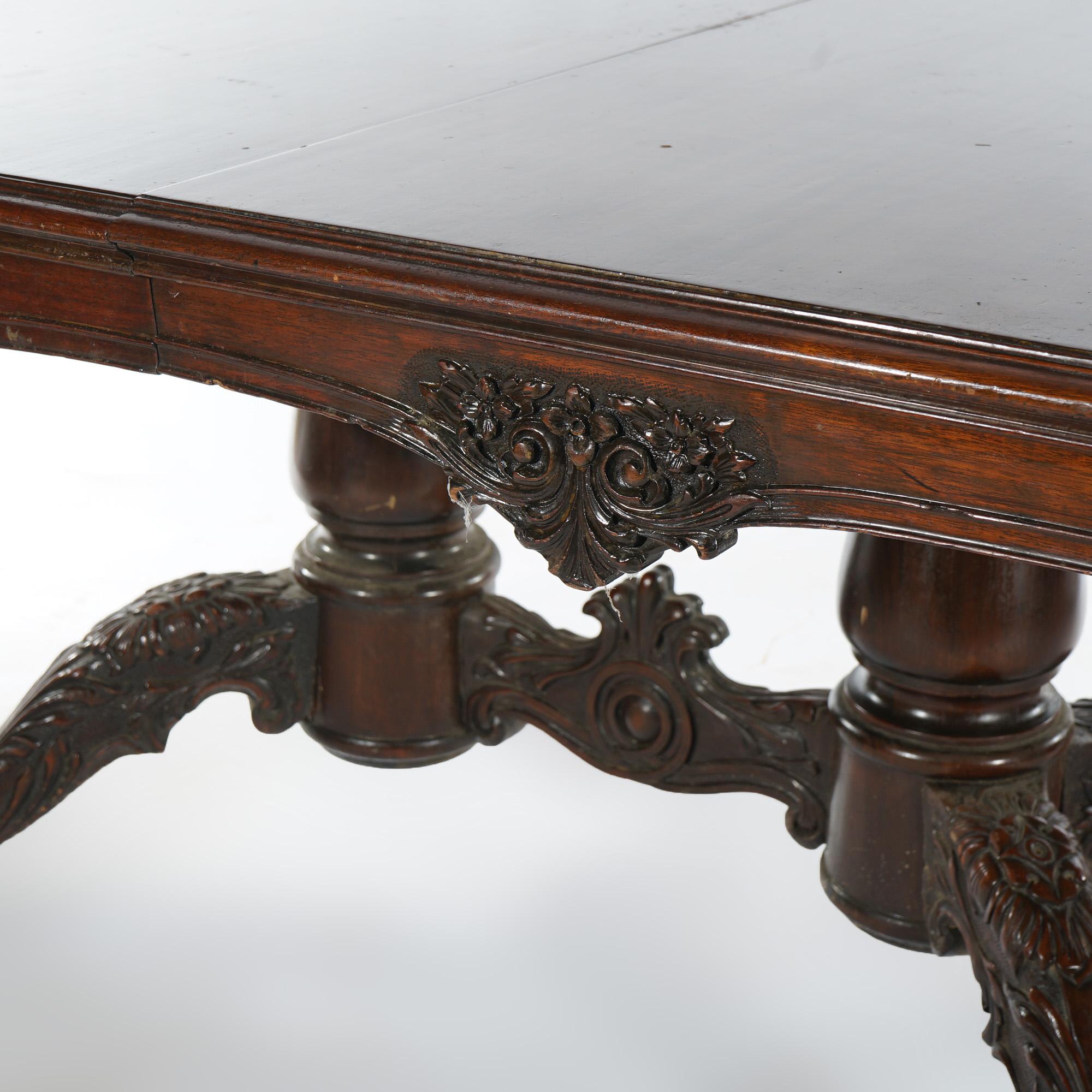 Antique Chippendale Carved Mahogany Double Pedestal Dining Table Circa 1930 For Sale 2
