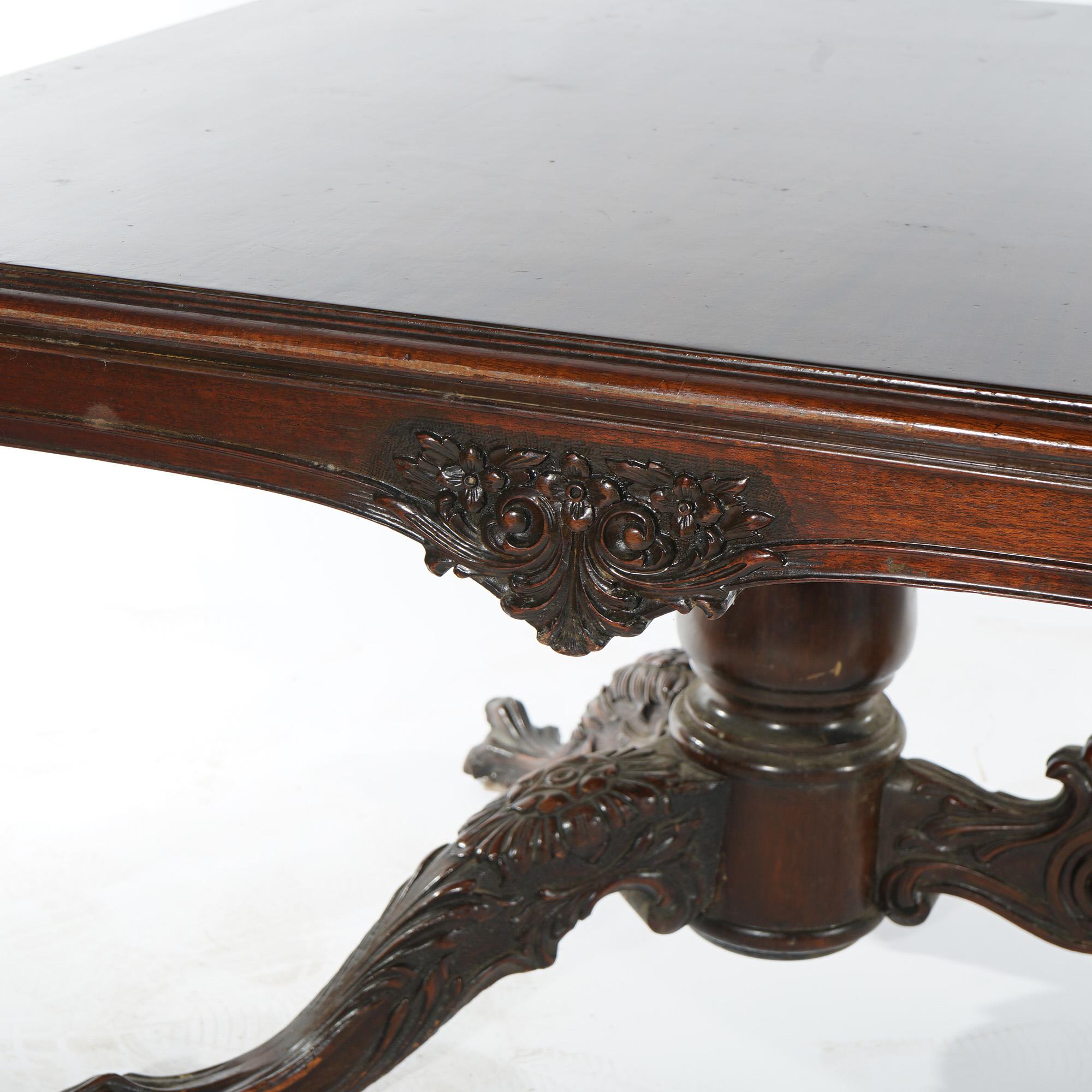 Antique Chippendale Carved Mahogany Double Pedestal Dining Table Circa 1930 For Sale 3