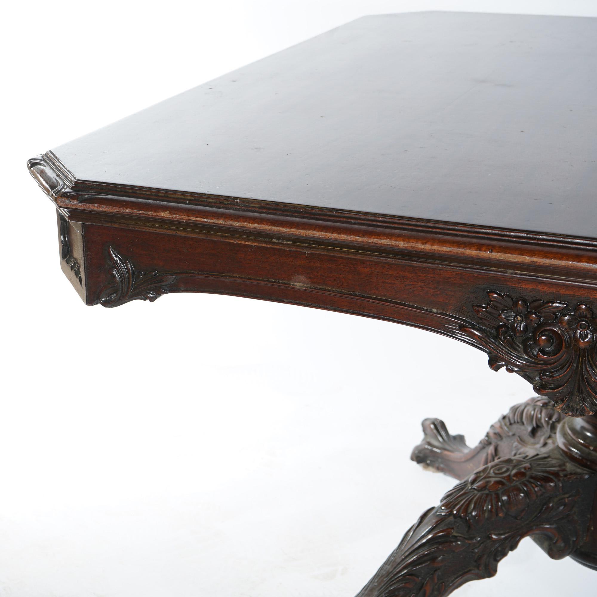 Antique Chippendale Carved Mahogany Double Pedestal Dining Table Circa 1930 For Sale 4